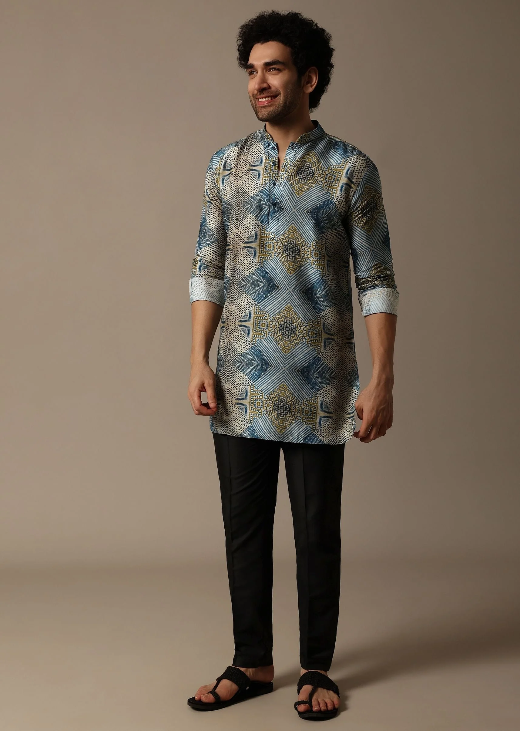 Blue Printed Silk Short Kurta Set For Men - Image 3