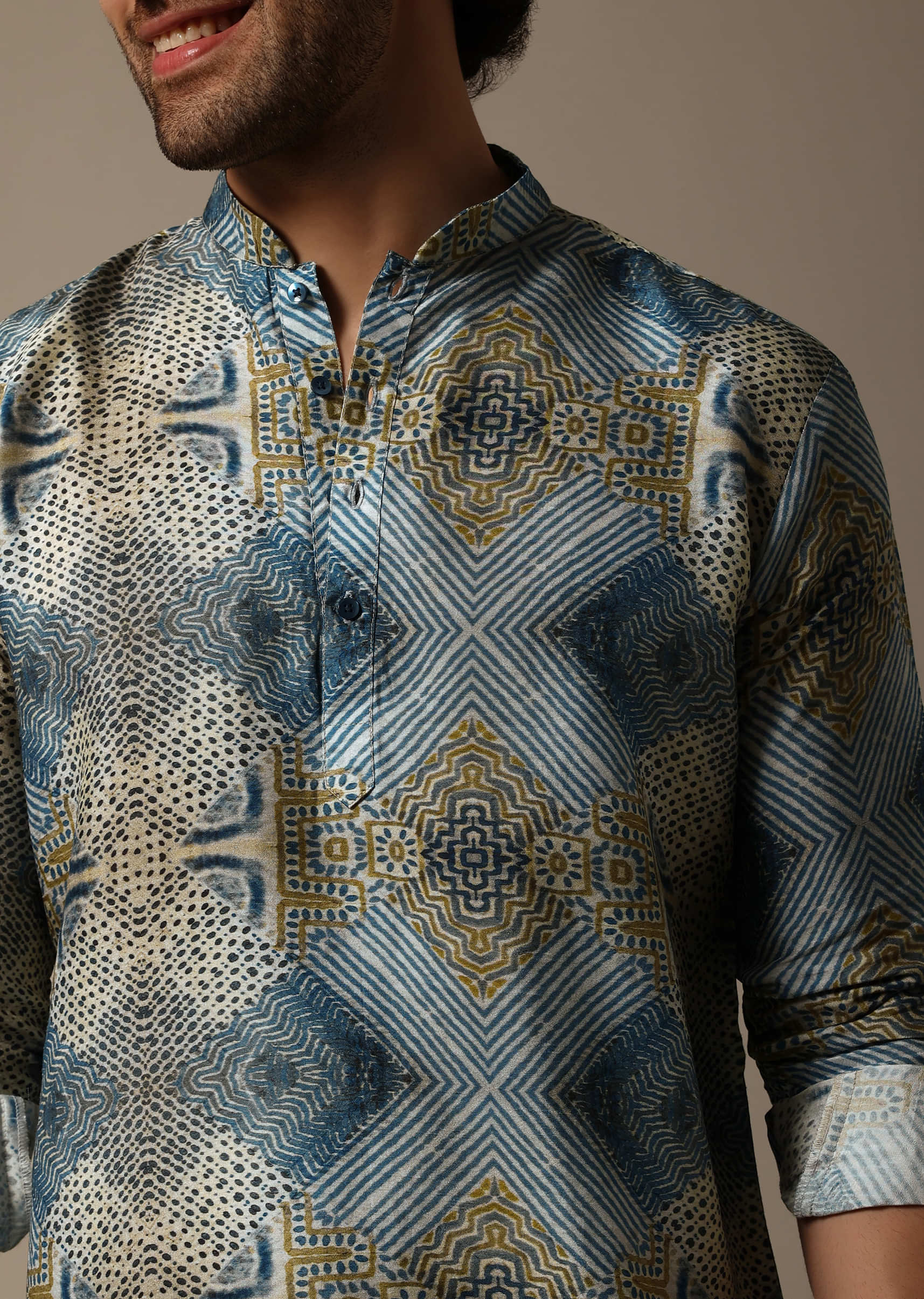 Blue Printed Silk Short Kurta Set For Men - Image 4