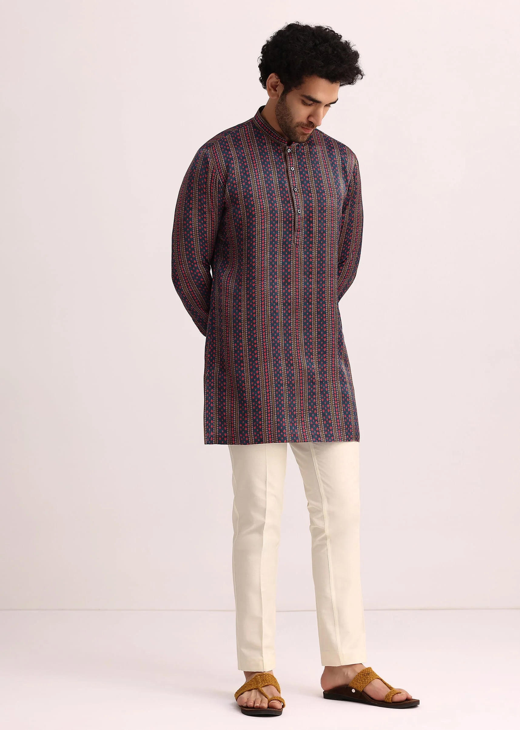Blue Printed Stripe Kurta in Silk - Image 3