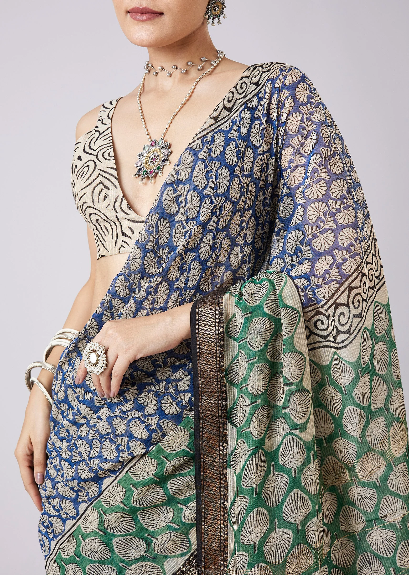 Blue Printed Tassel Border Saree with Unstitched Blouse - Image 2