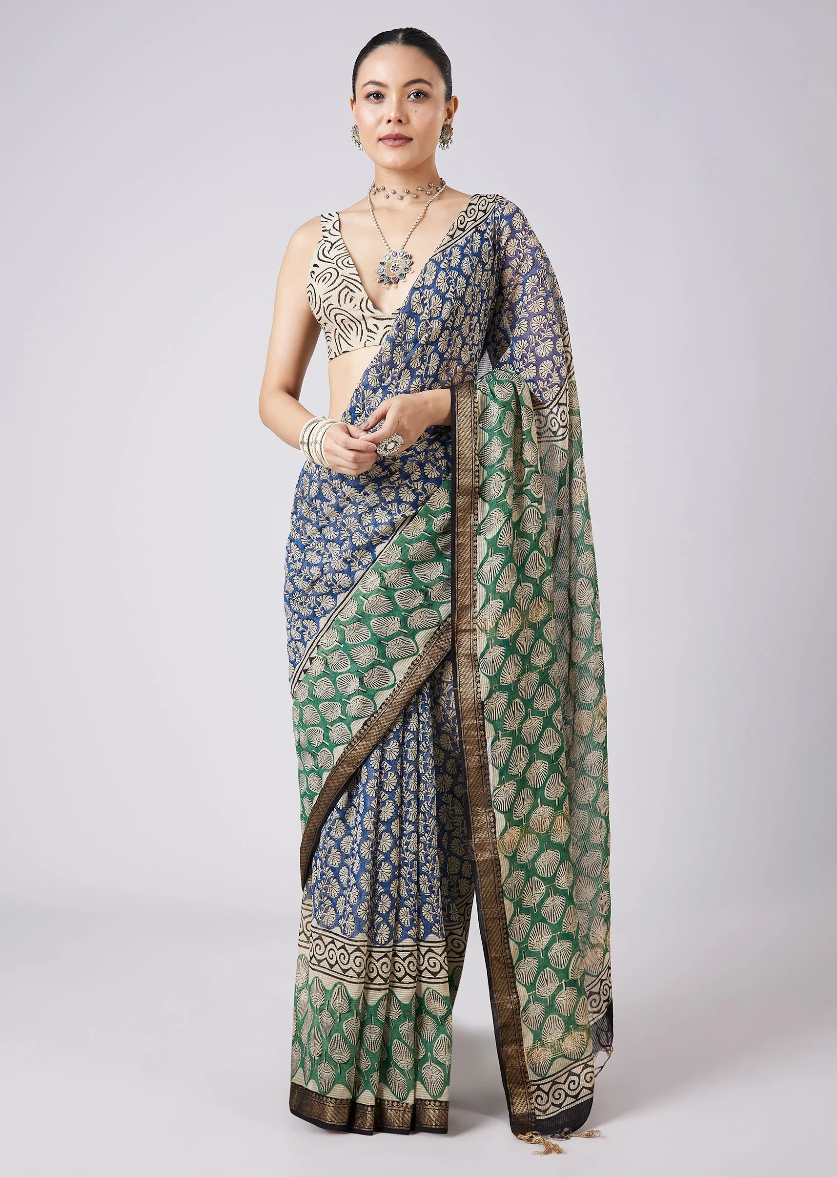 Blue Printed Tassel Border Saree with Unstitched Blouse - Image 3