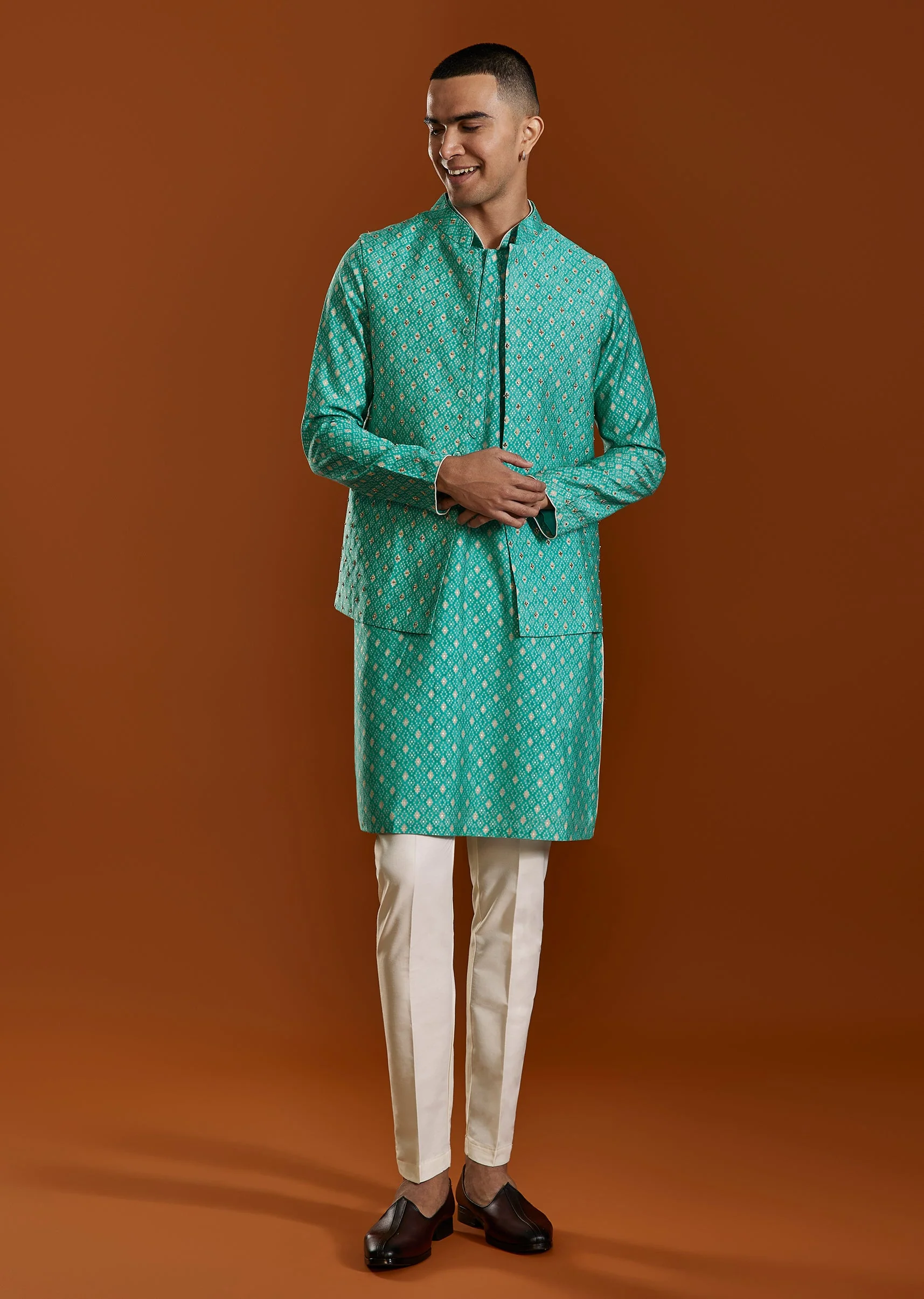 Blue Raw Silk Kurta Jacket Set