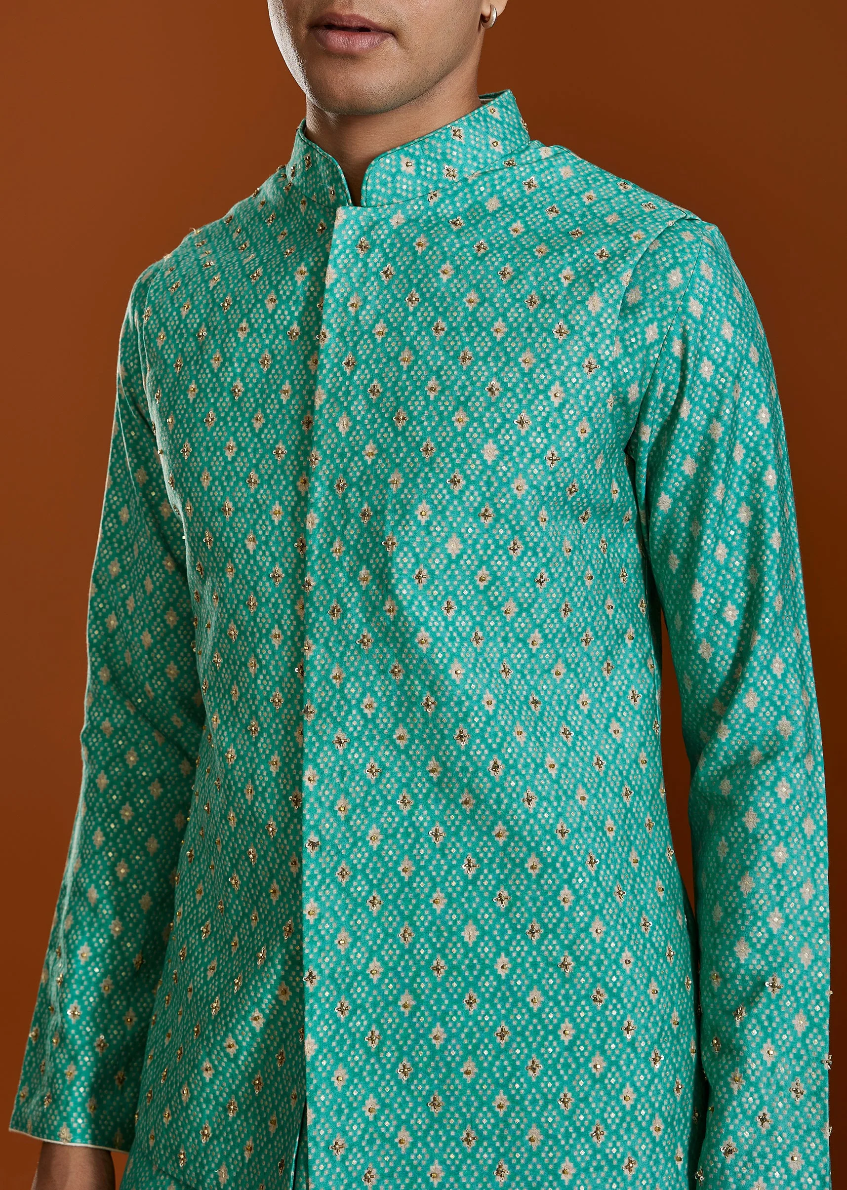 Blue Raw Silk Kurta Jacket Set - Image 2