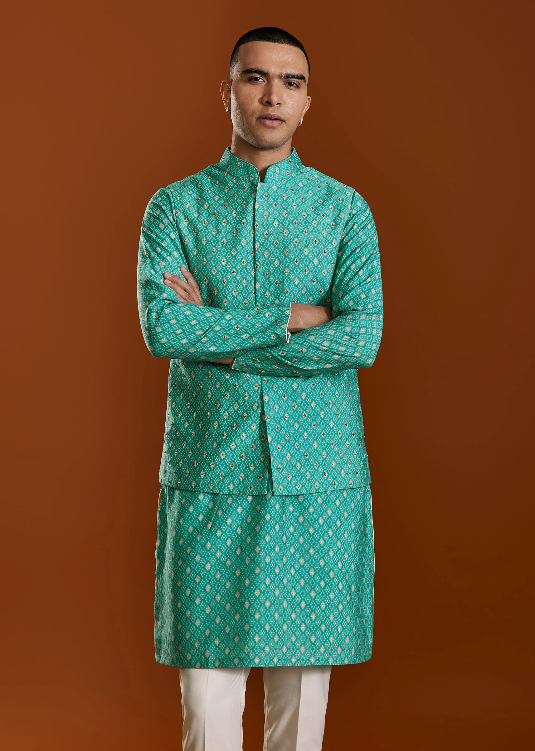 Blue Raw Silk Kurta Jacket Set - Image 4