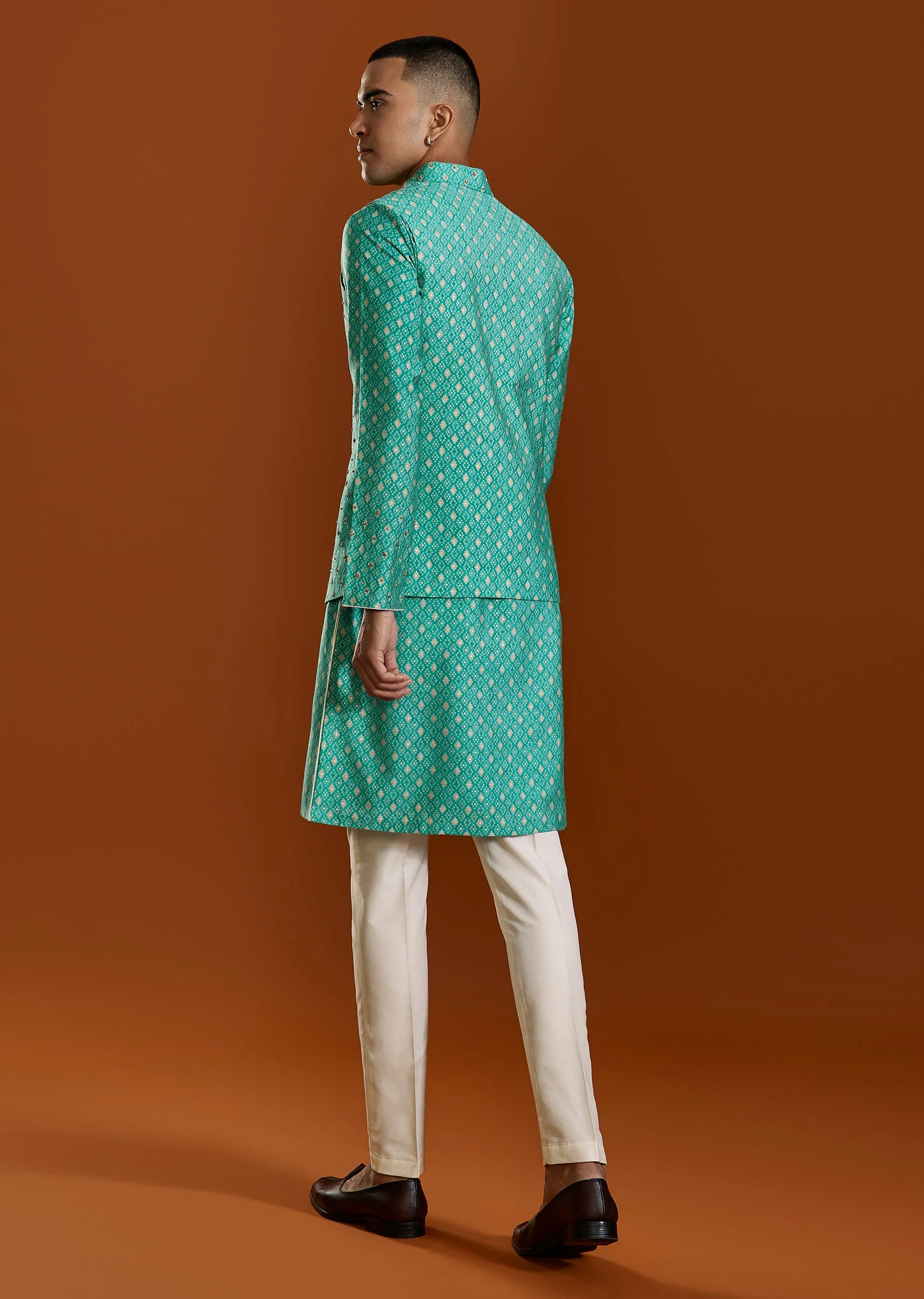 Blue Raw Silk Kurta Jacket Set - Image 5