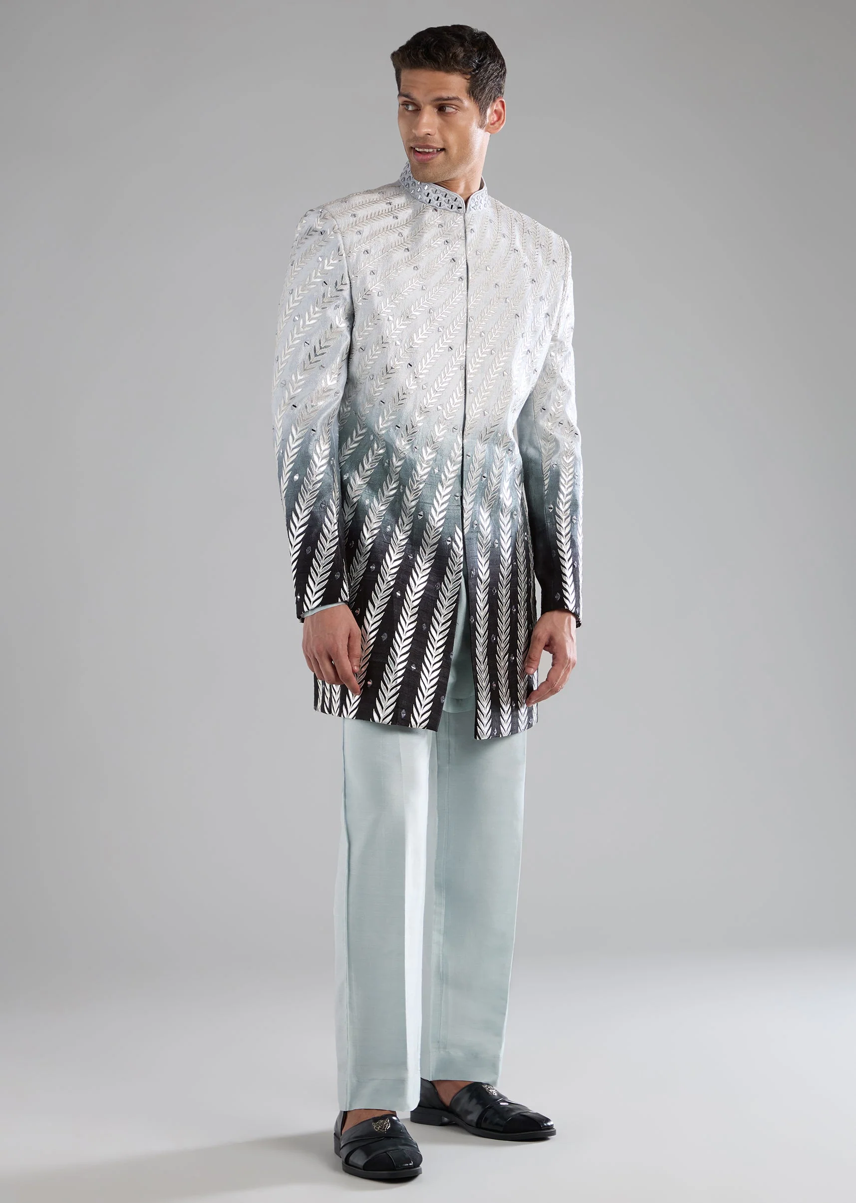 Blue Rawsilk Indowestern Kurta Set with Applique Work