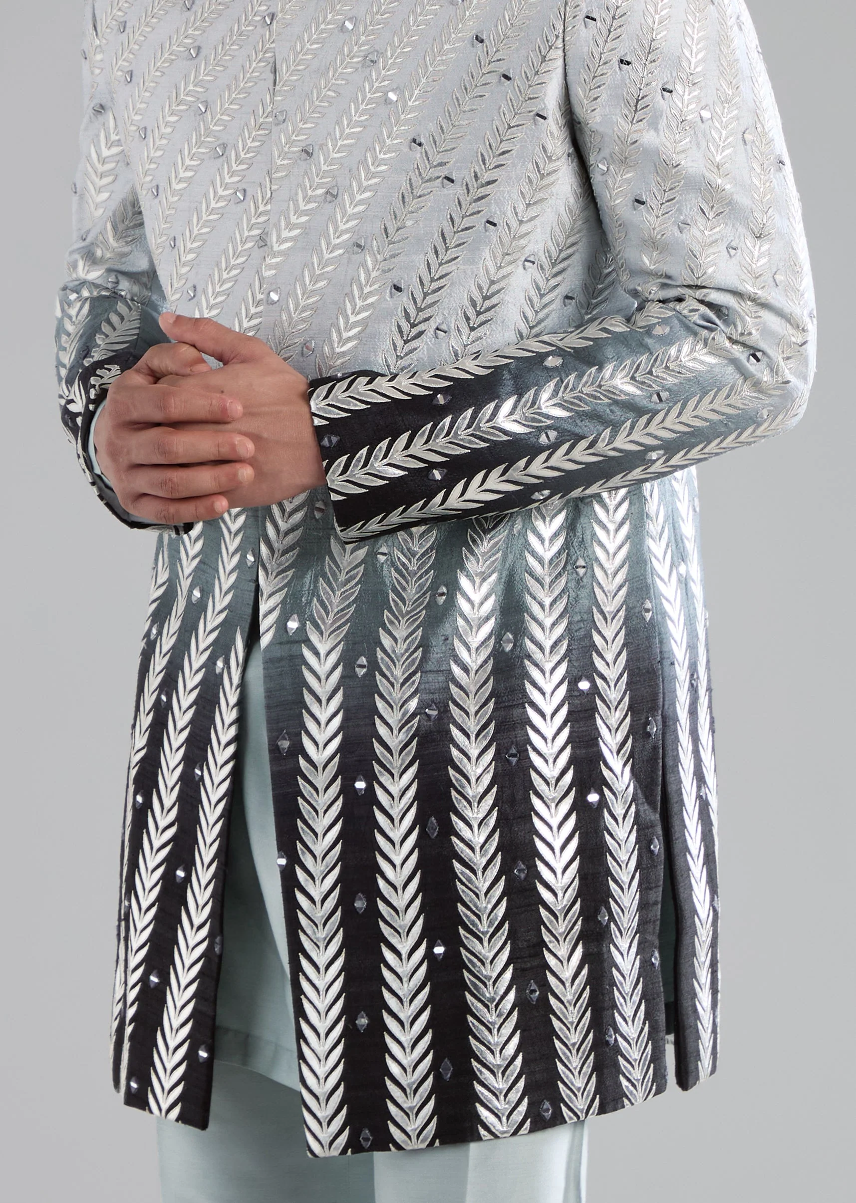 Blue Rawsilk Indowestern Kurta Set with Applique Work - Image 2