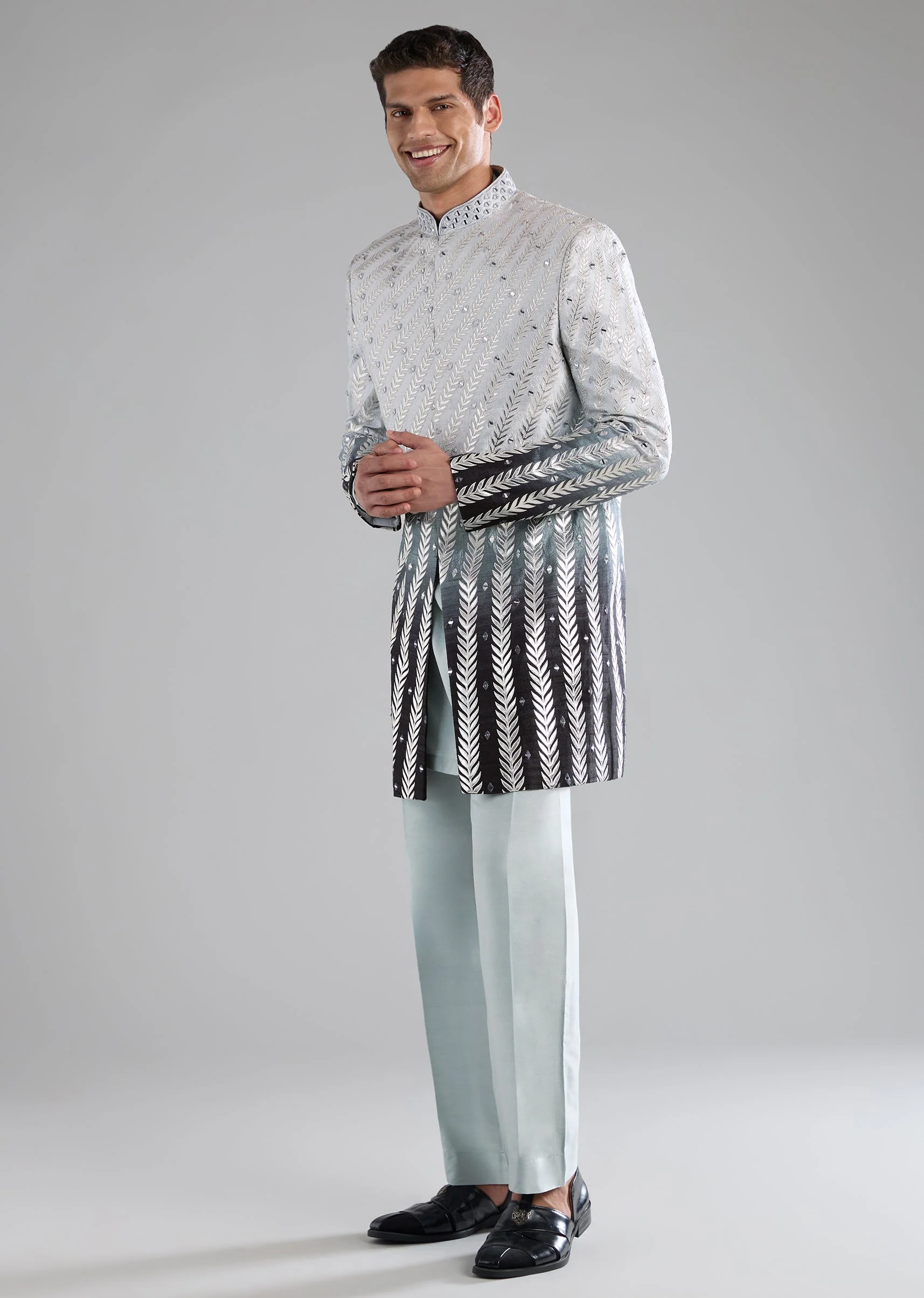 Blue Rawsilk Indowestern Kurta Set with Applique Work - Image 3