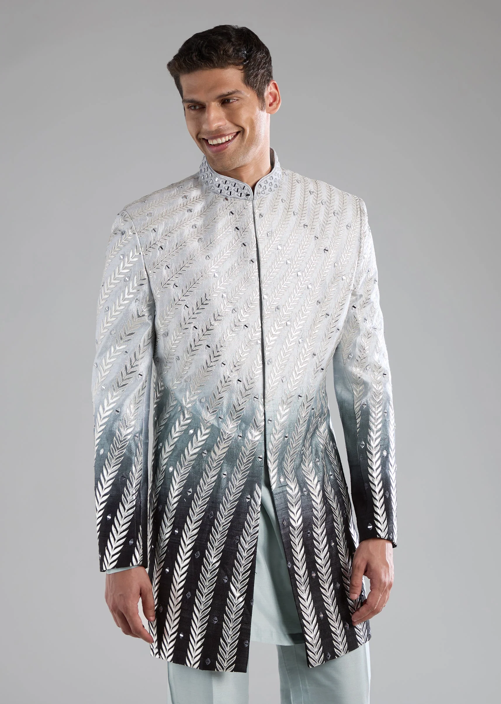 Blue Rawsilk Indowestern Kurta Set with Applique Work - Image 4