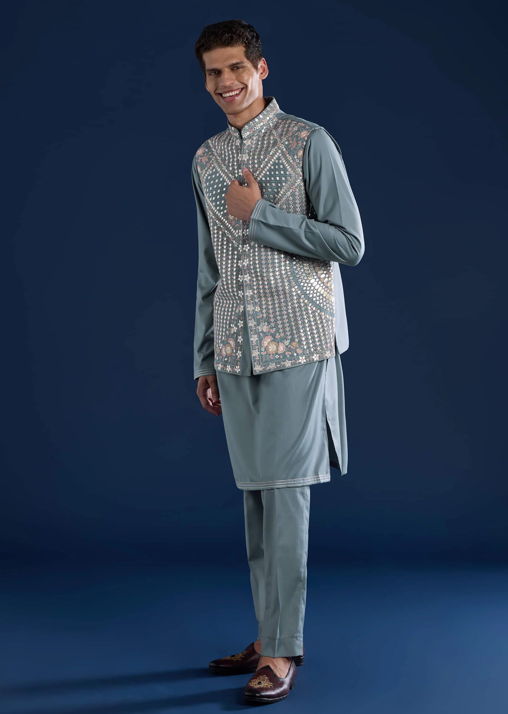 Blue Rayon Jacket Kurta Set with Gotta Patti - Image 3