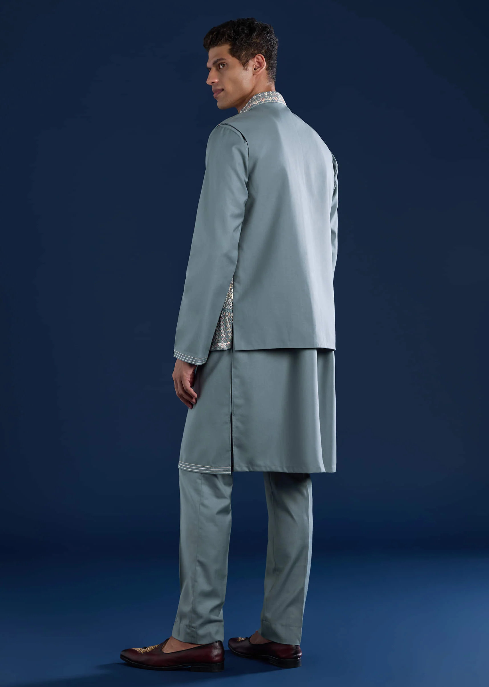 Blue Rayon Jacket Kurta Set with Gotta Patti - Image 5