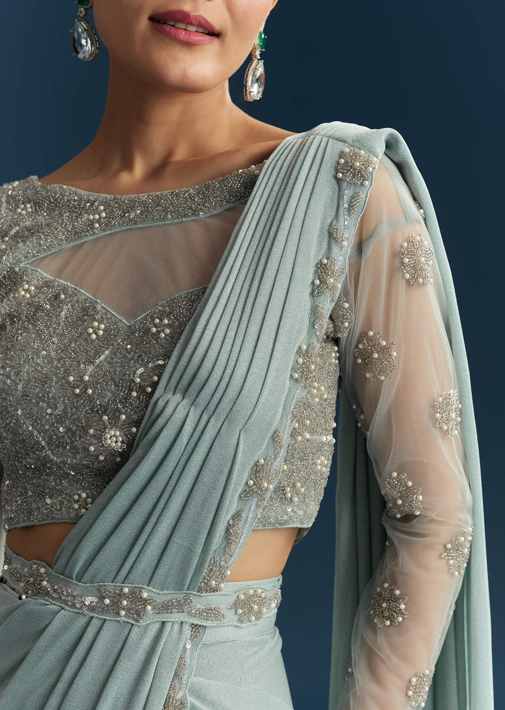 Blue Ready Pleated Saree With Beads And Moti Work - Image 2