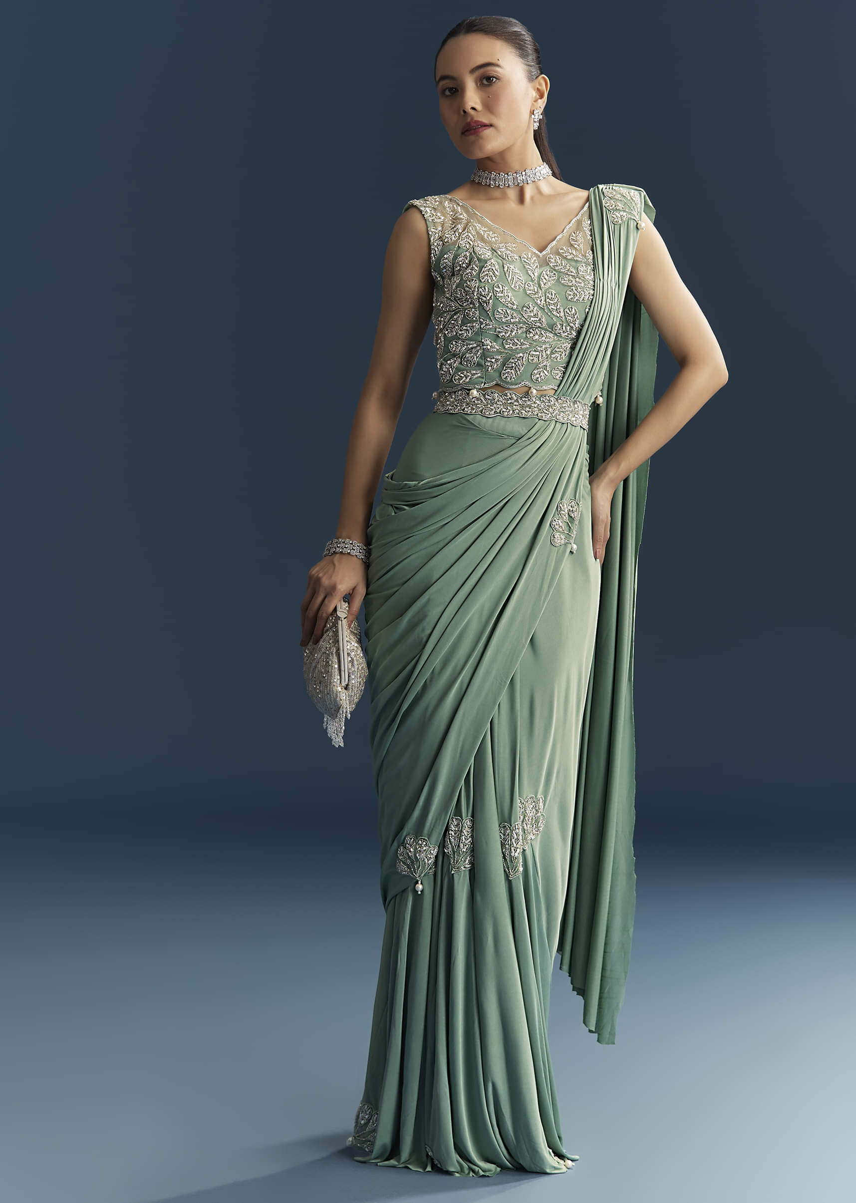 Blue Ready Pleated Saree With Cutdana And Sequins Work - Image 3