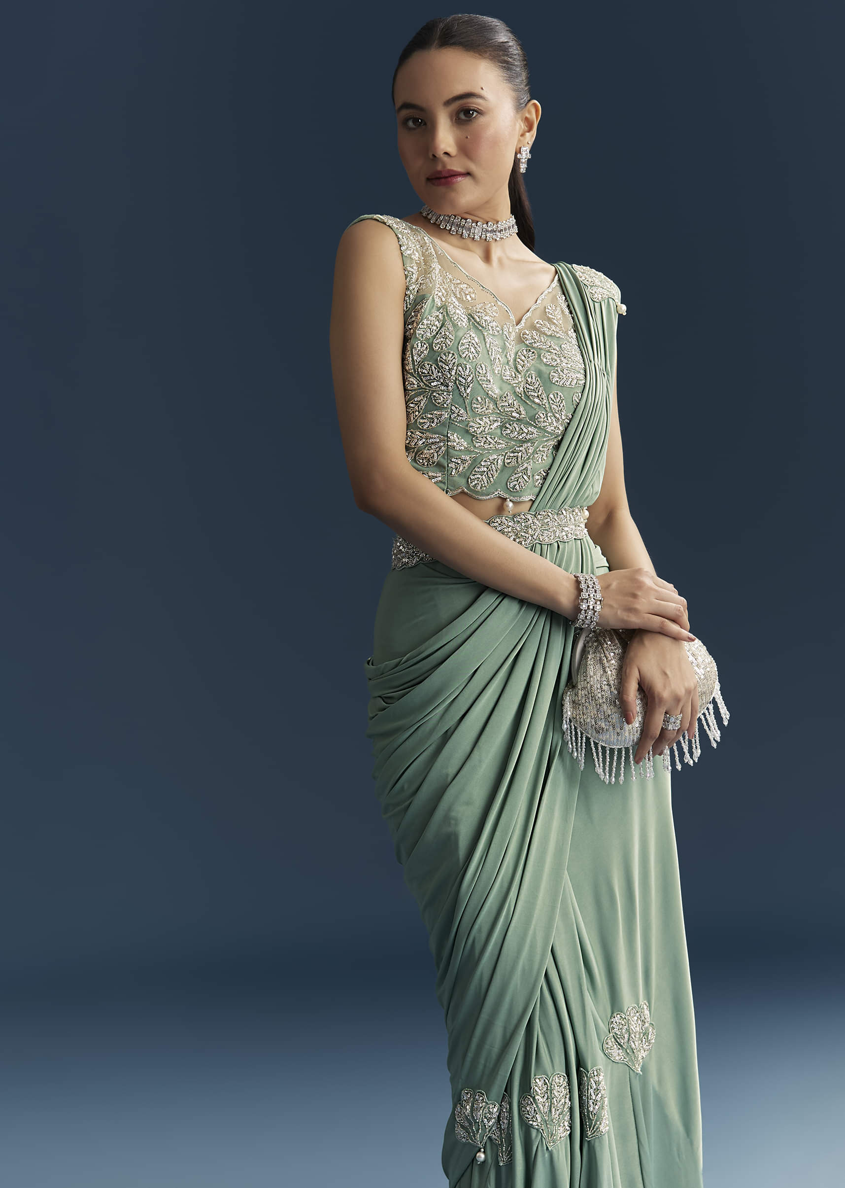 Blue Ready Pleated Saree With Cutdana And Sequins Work - Image 4