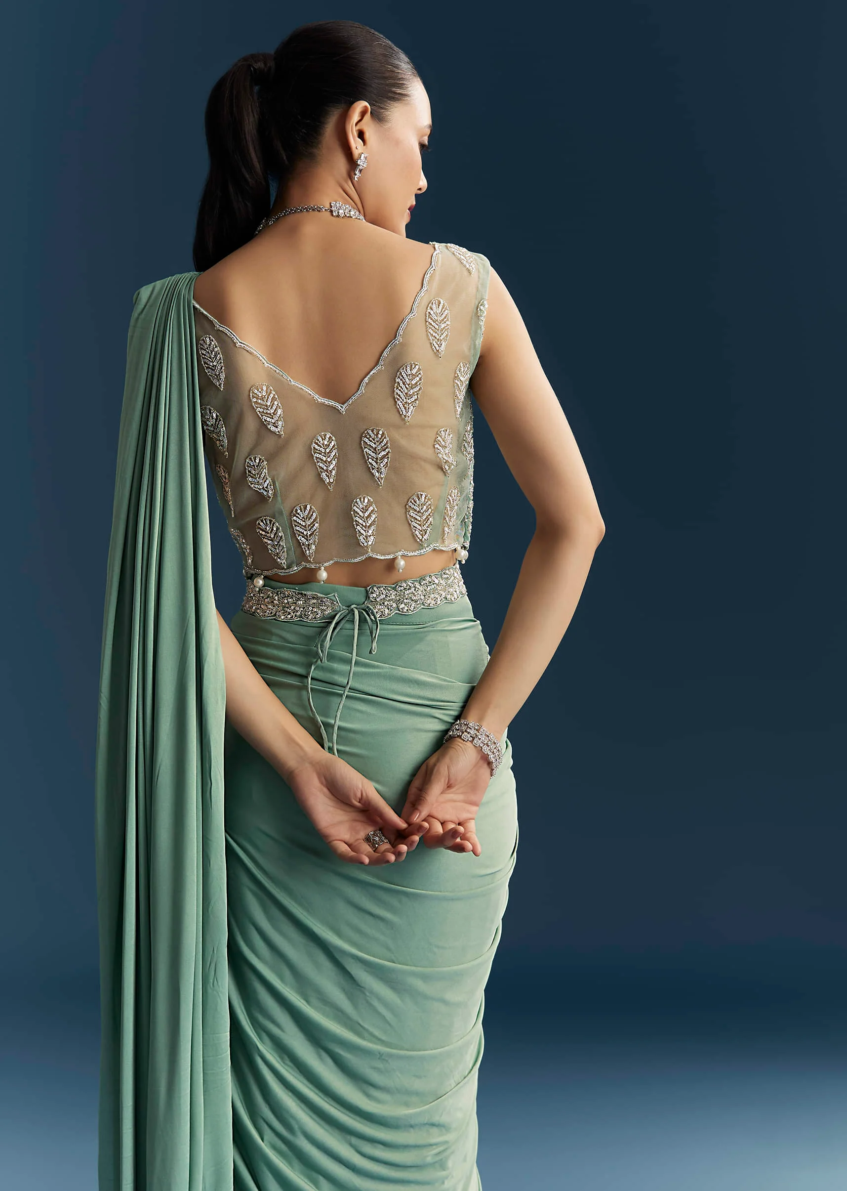 Blue Ready Pleated Saree With Cutdana And Sequins Work - Image 5