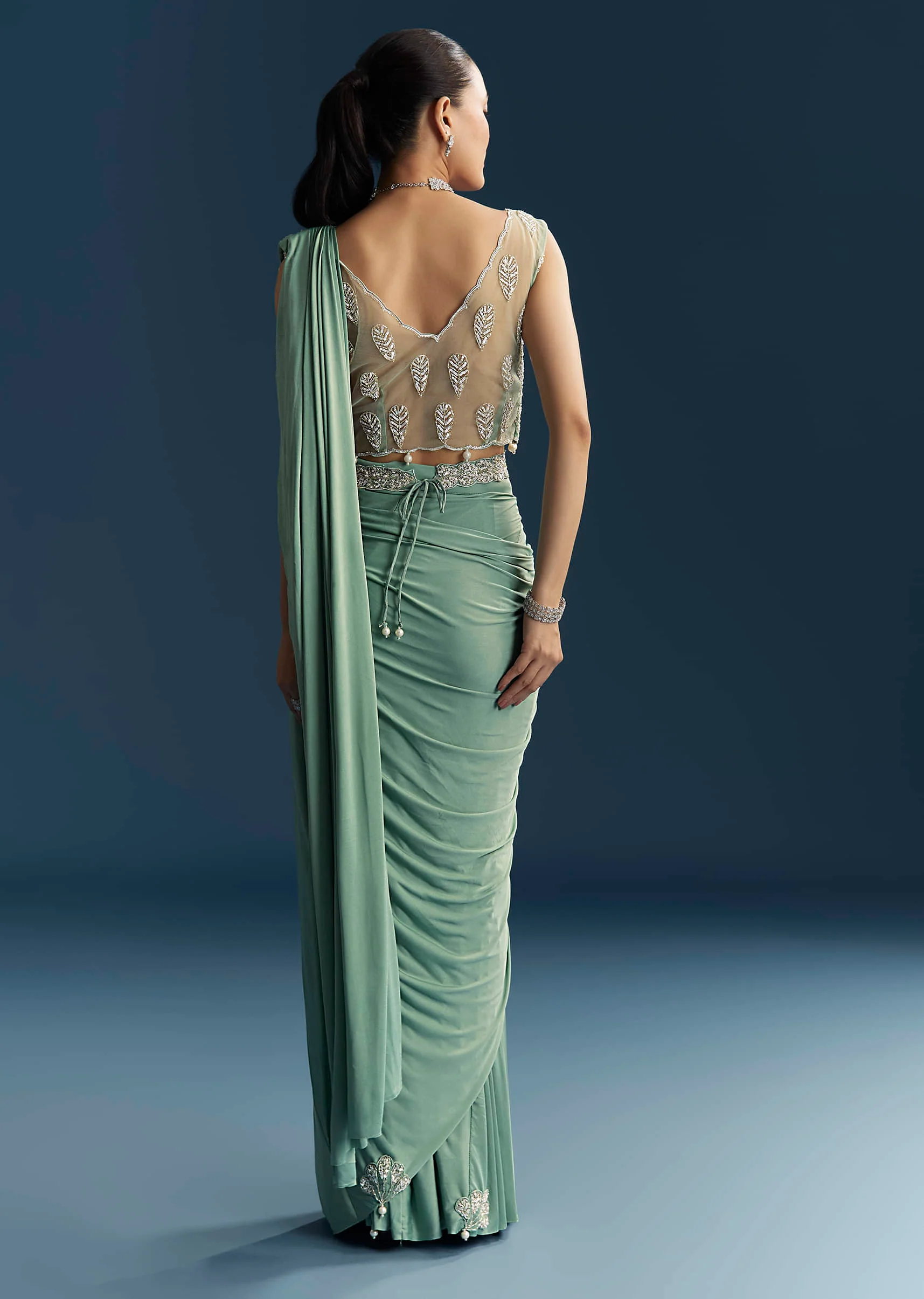 Blue Ready Pleated Saree With Cutdana And Sequins Work - Image 6