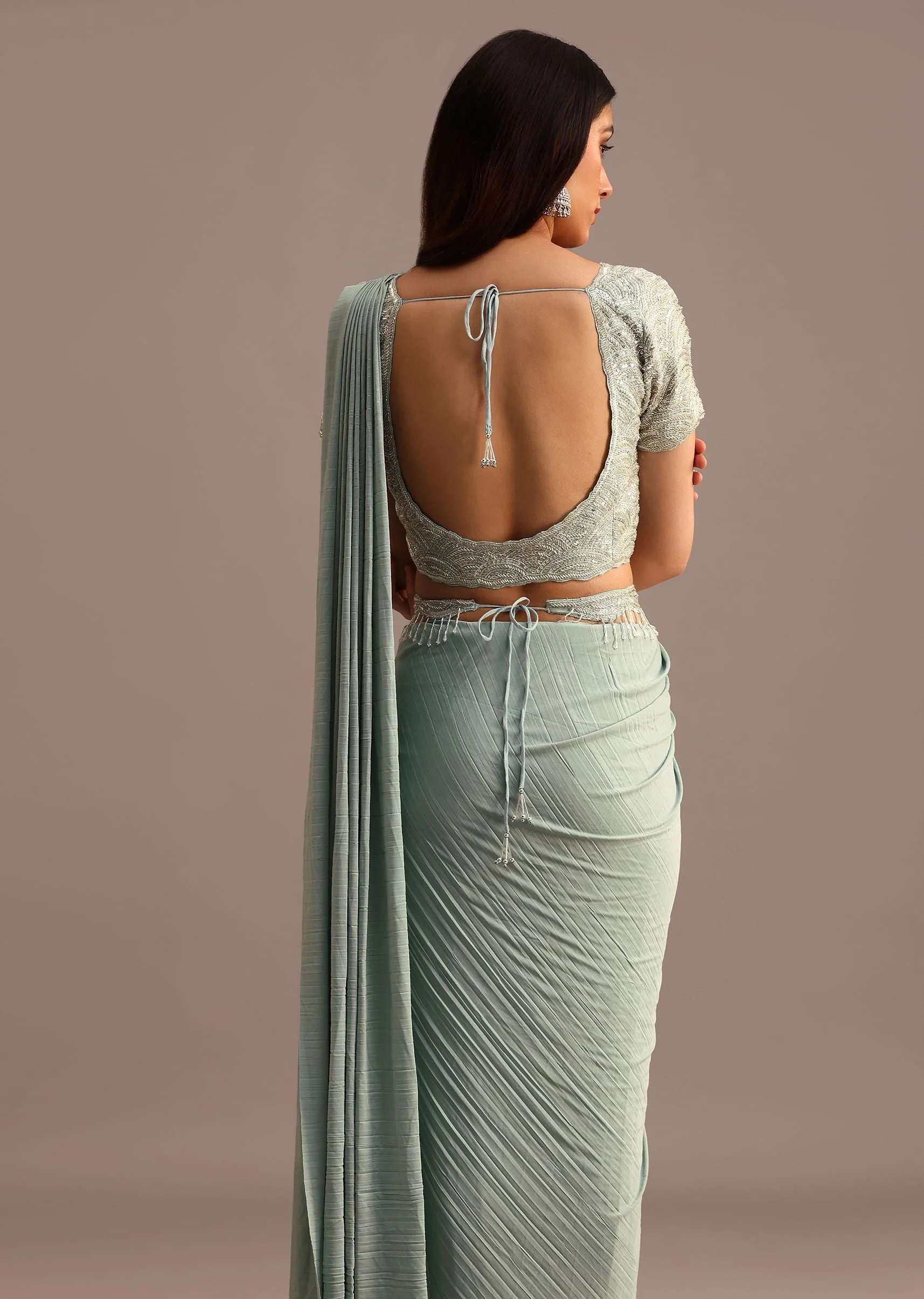 Blue Ready Pleated Saree With Embroidered Blouse - Image 6