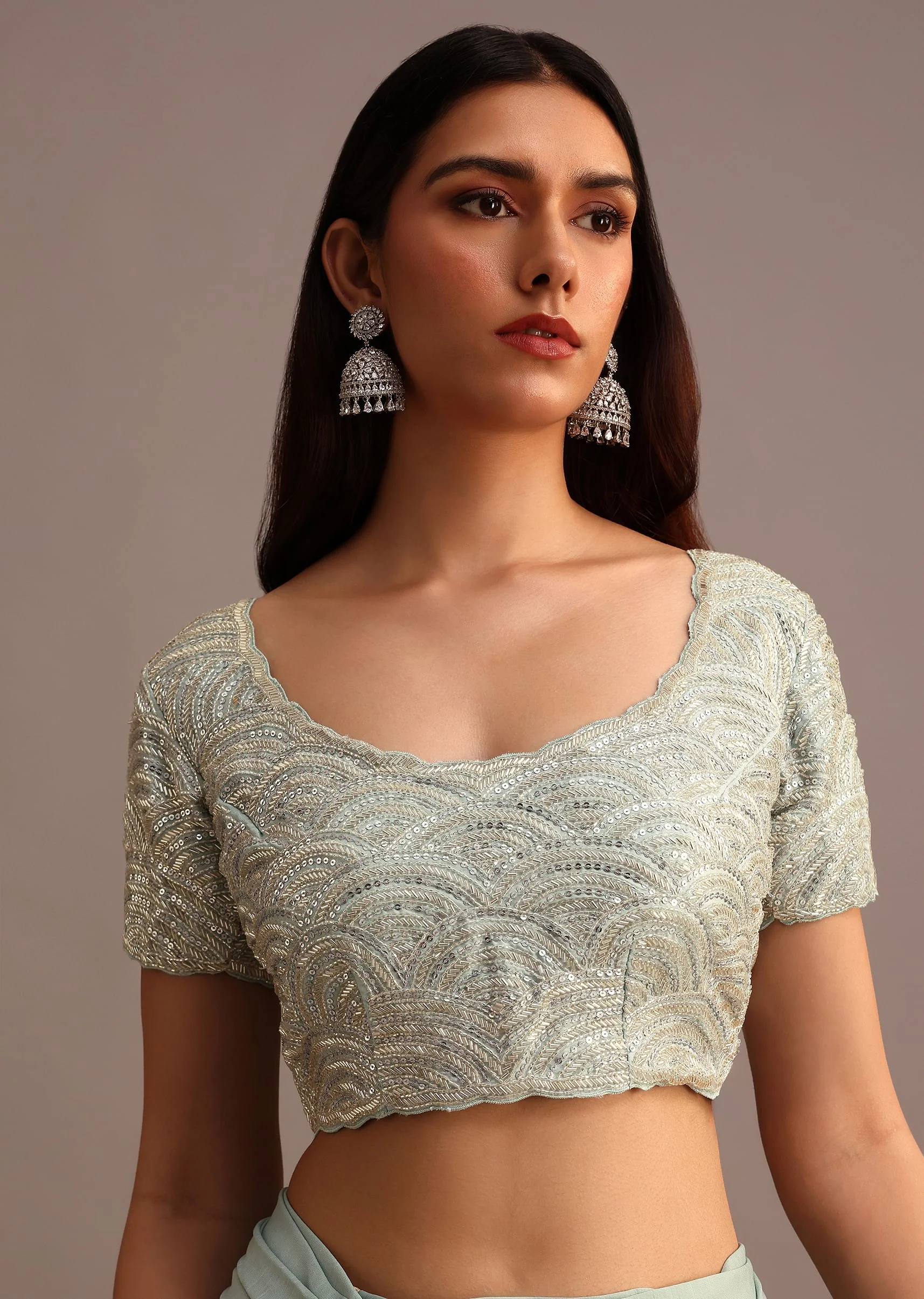 Blue Ready Pleated Saree With Embroidered Blouse - Image 7