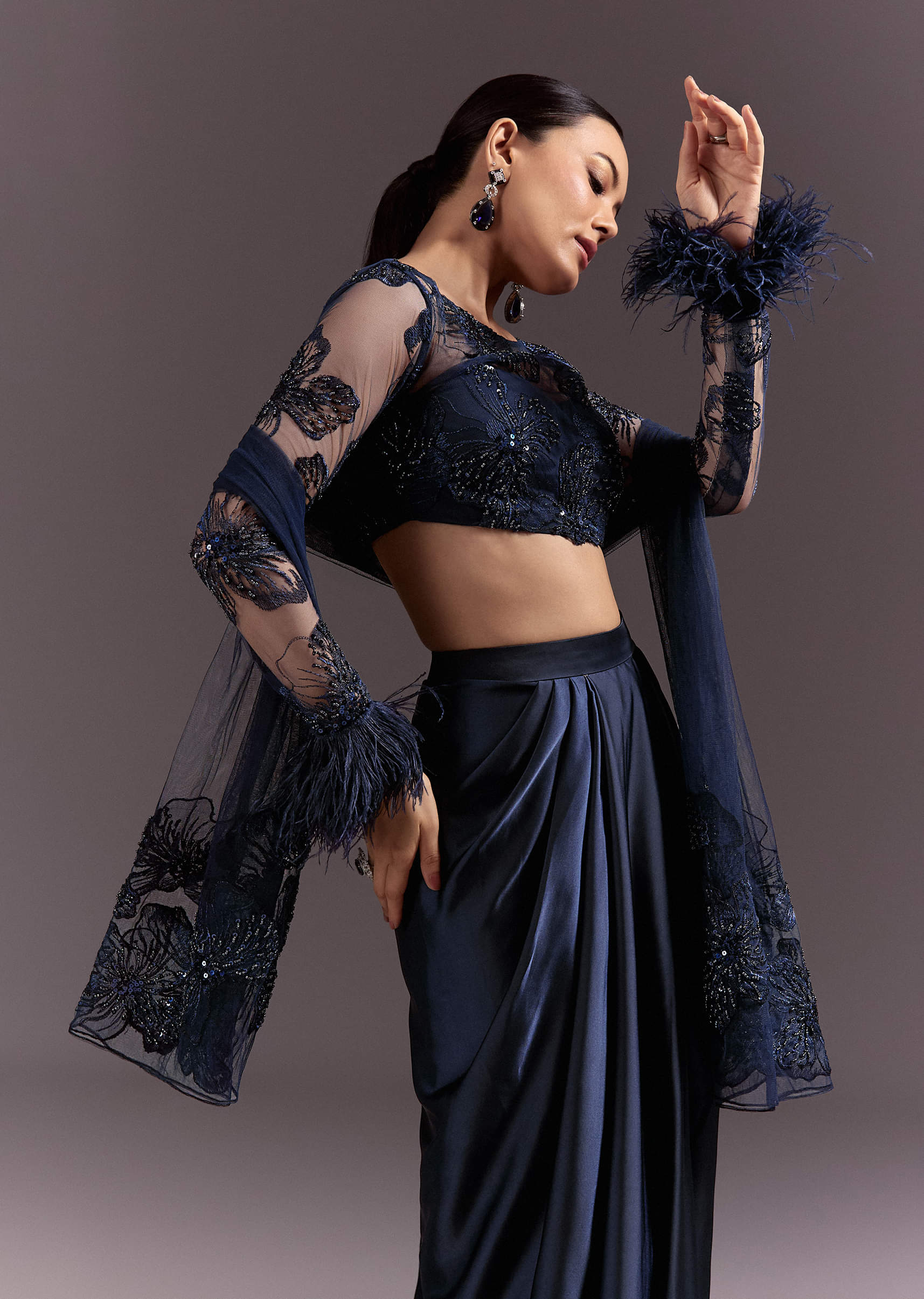 Blue Ready To Wear Saree With Full Sleeve Net Blouse - Image 4
