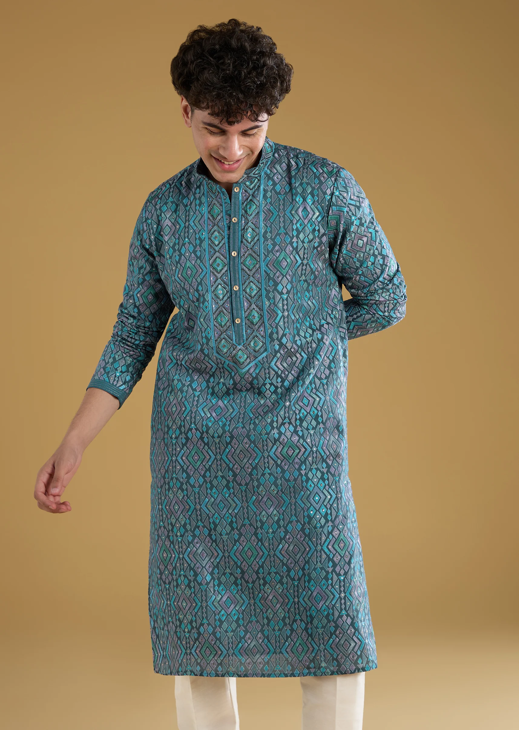 Blue Resham Motif Mens Kurta Pant Set in Silk - Image 4