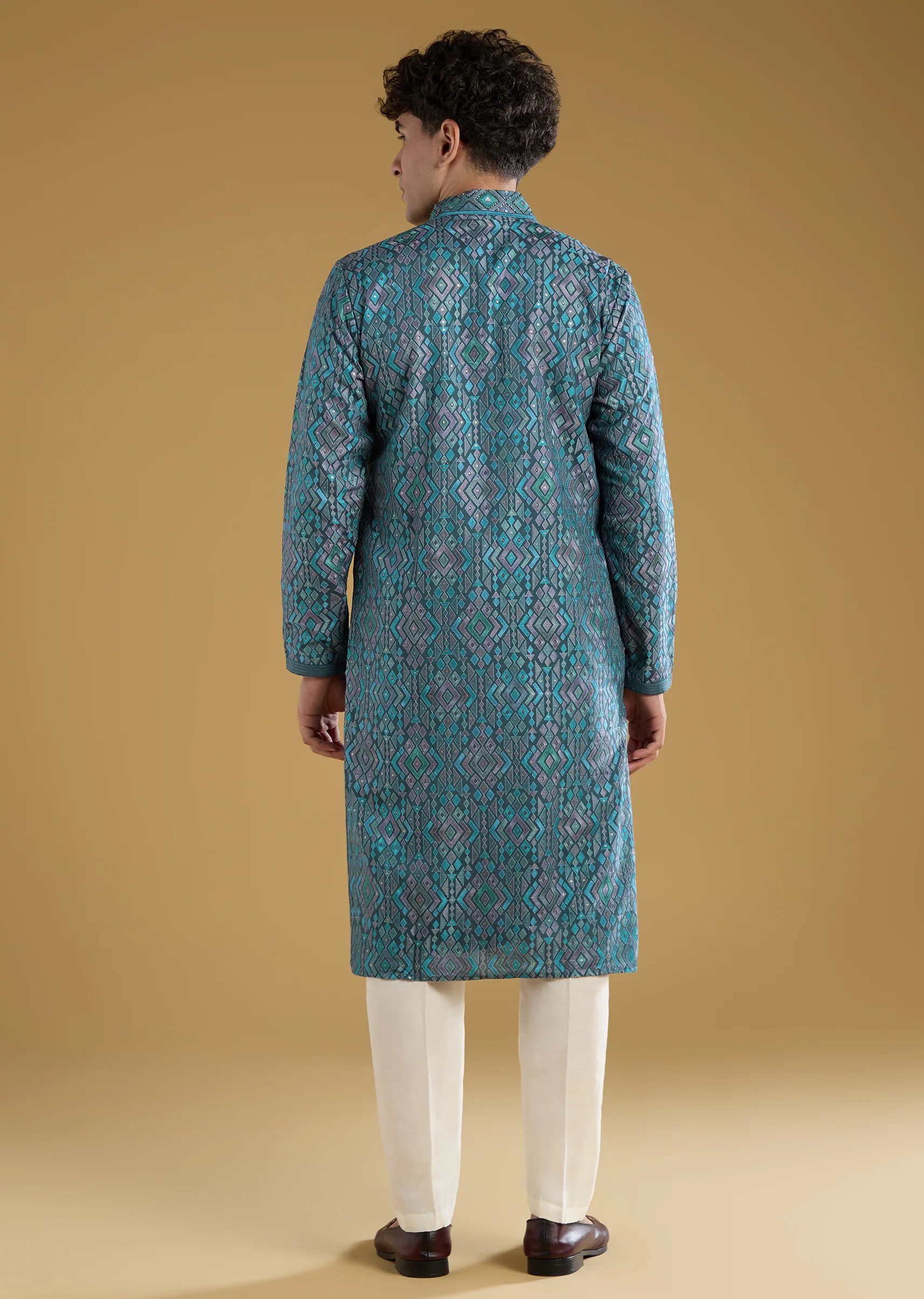 Blue Resham Motif Mens Kurta Pant Set in Silk - Image 5