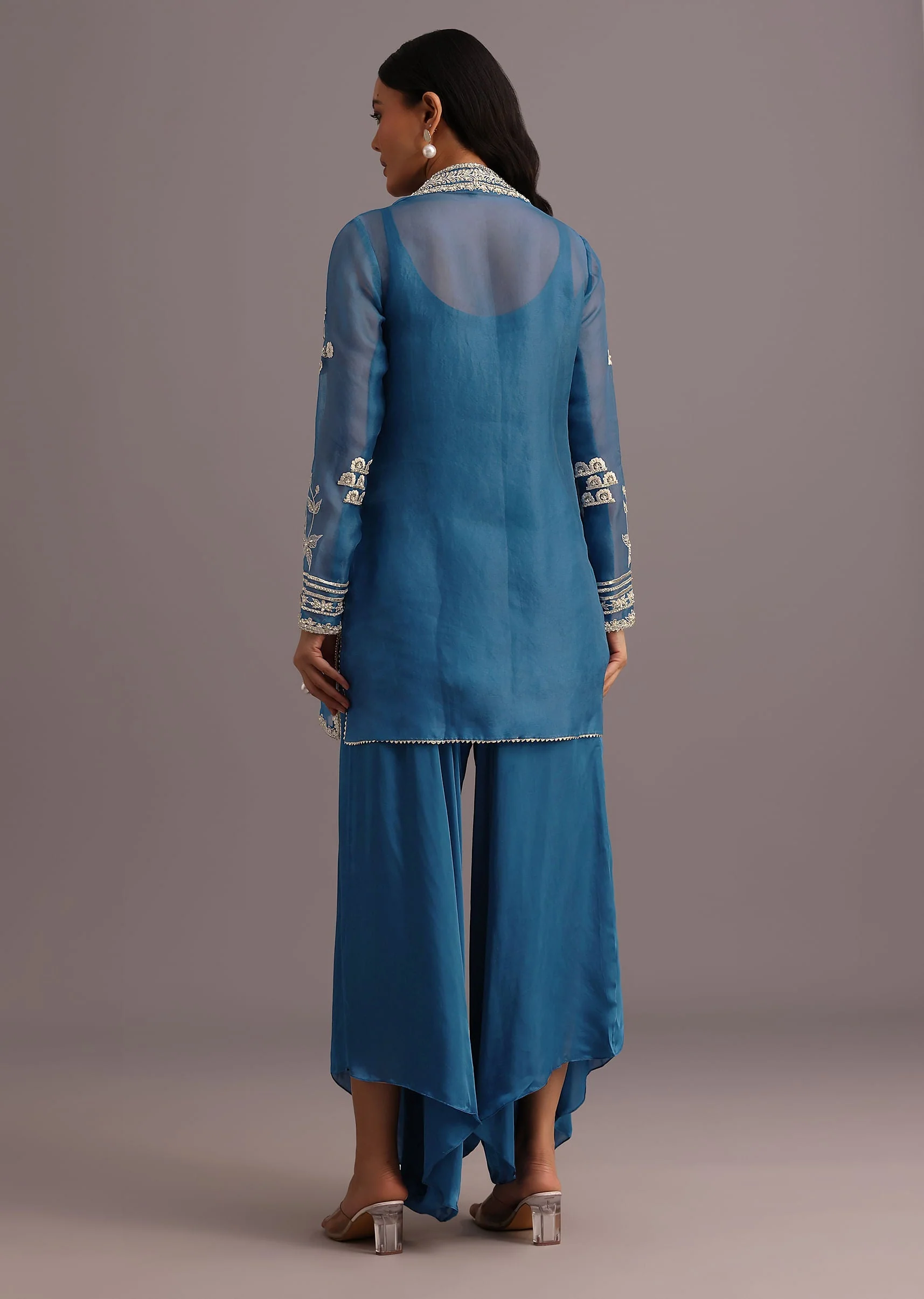 Blue Resham Work Kurti Palazzo Suit - Image 5