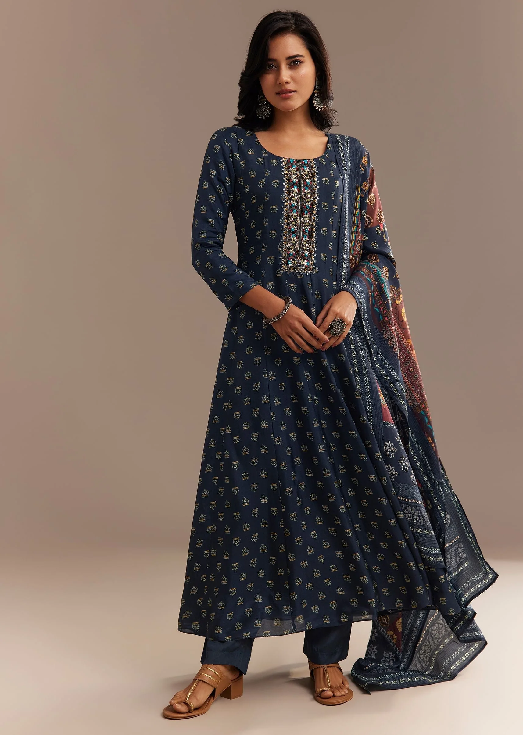Blue Roman Silk Printed Anarkali Set - Image 3