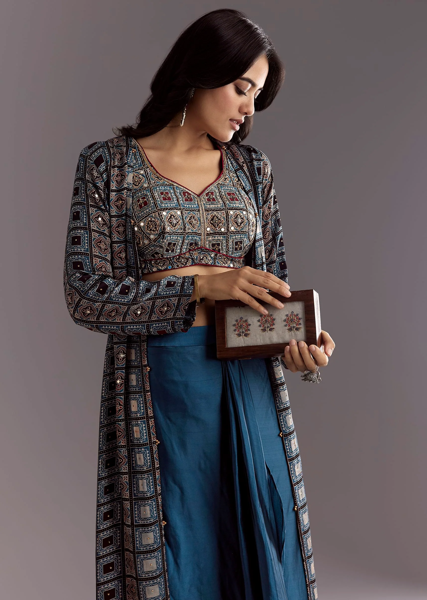 Blue Satin Ajrakh Printed Indowestern Croptop Jacket With Mirror Work - Image 4