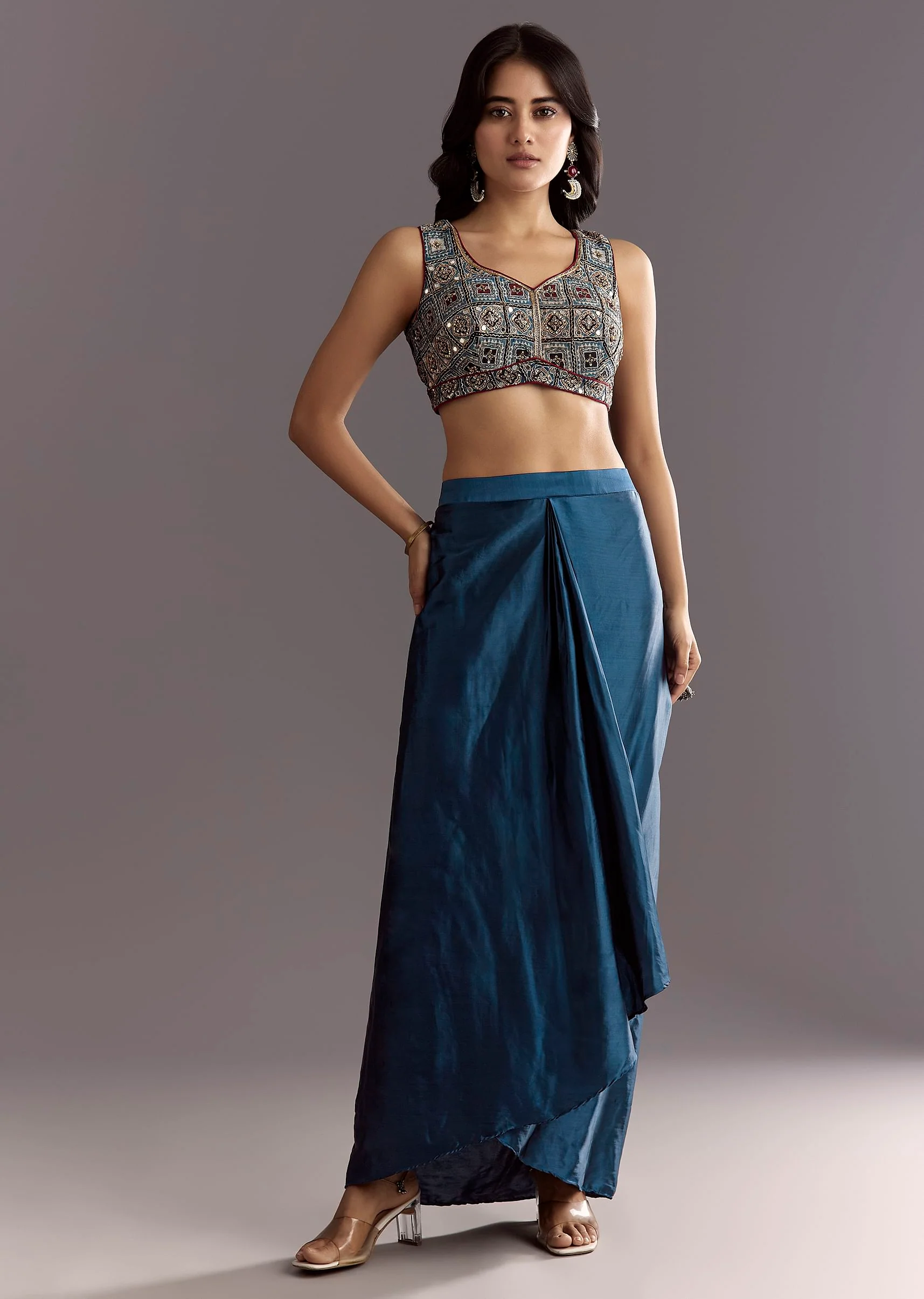 Blue Satin Ajrakh Printed Indowestern Croptop Jacket With Mirror Work - Image 6