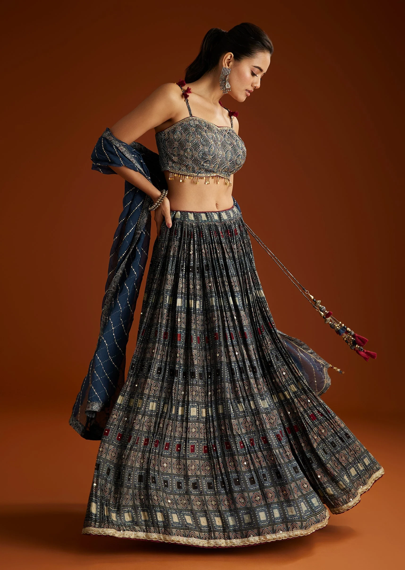 Blue Satin Ajrakh Printed Lehenga Choli With Dupatta - Image 3