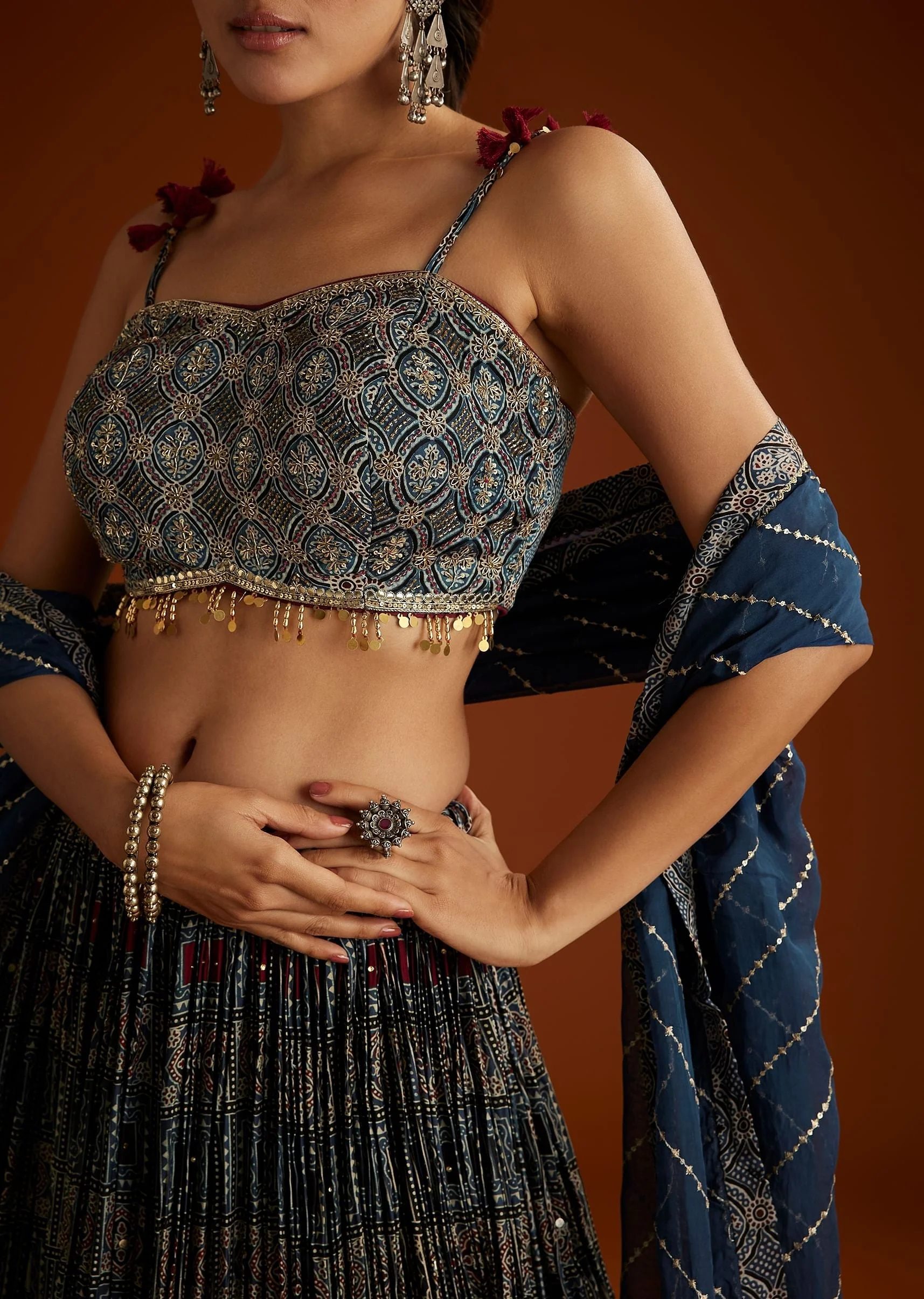Blue Satin Ajrakh Printed Lehenga Choli With Dupatta - Image 4