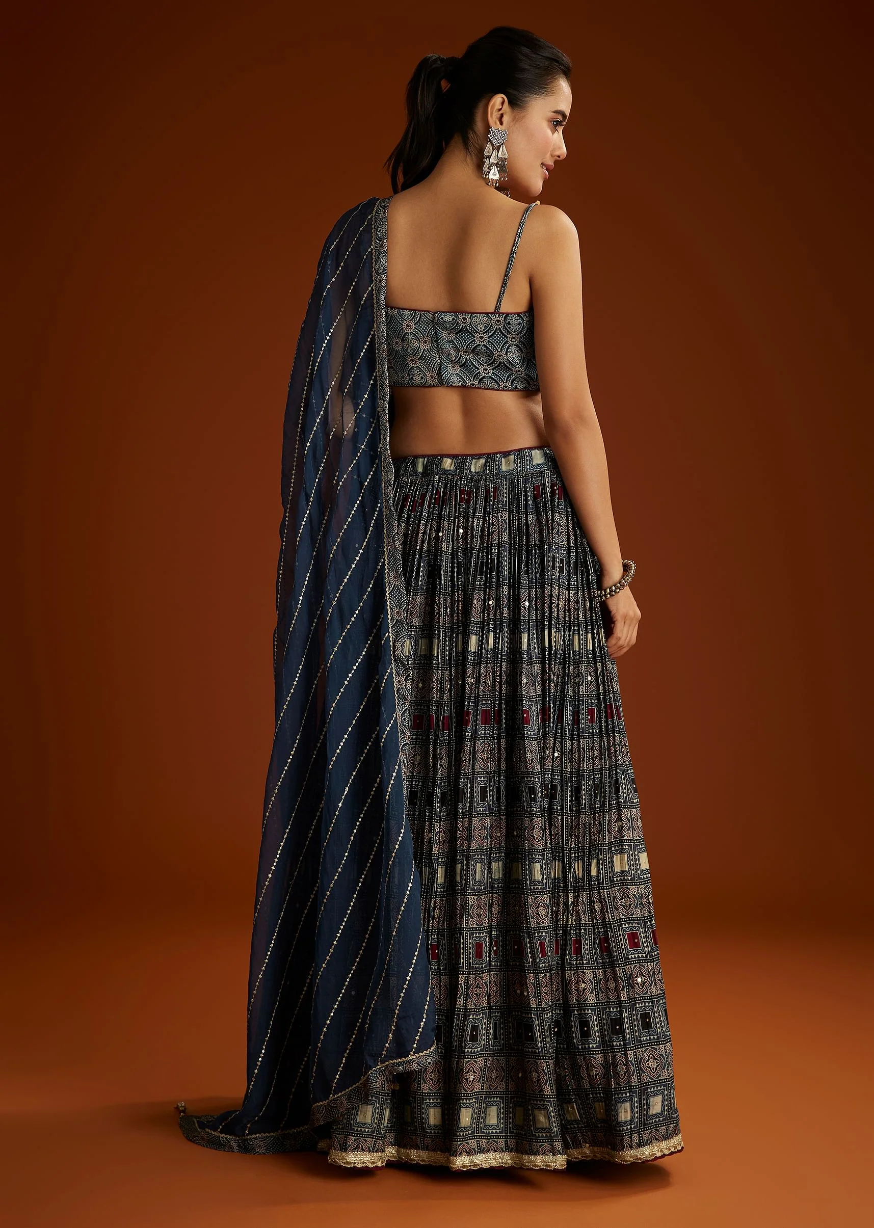 Blue Satin Ajrakh Printed Lehenga Choli With Dupatta - Image 5