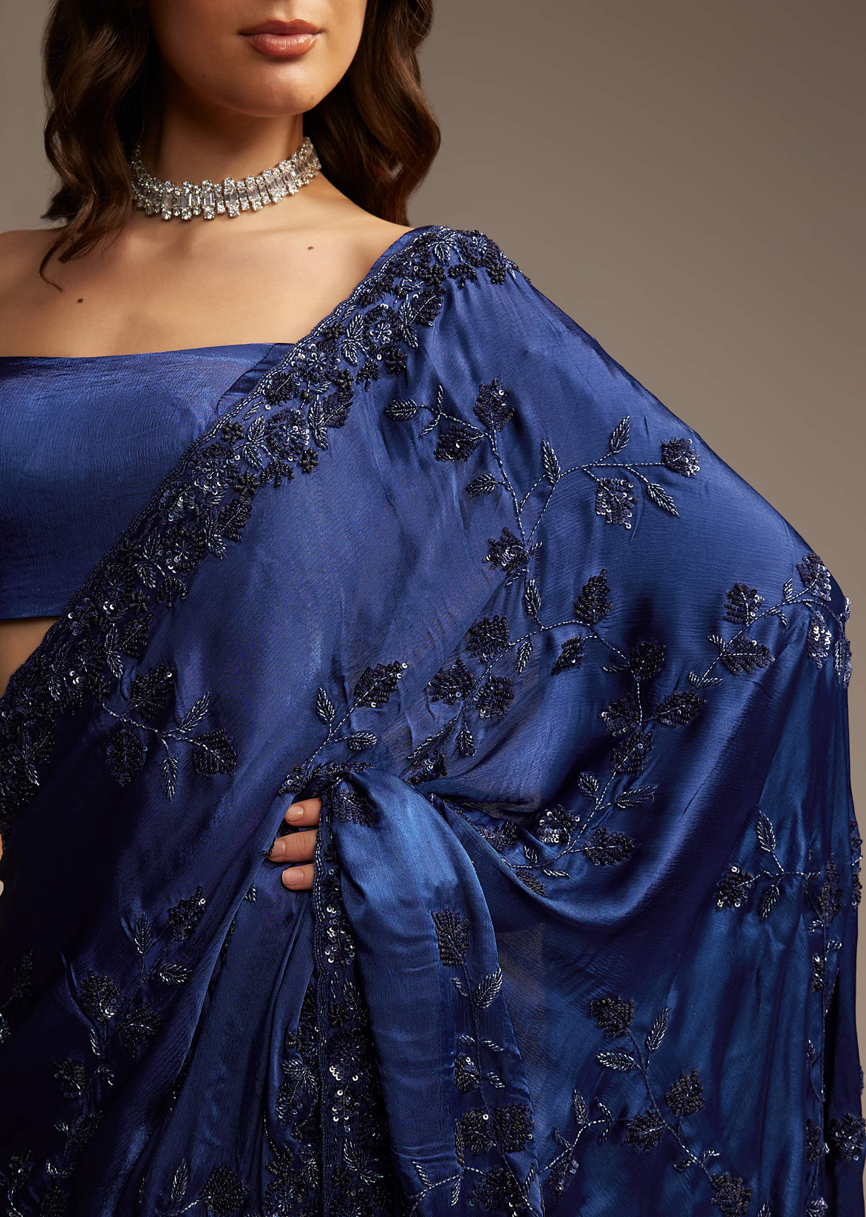 Blue Satin Chinon Saree with Heavy Jaal Embroidery - Image 2
