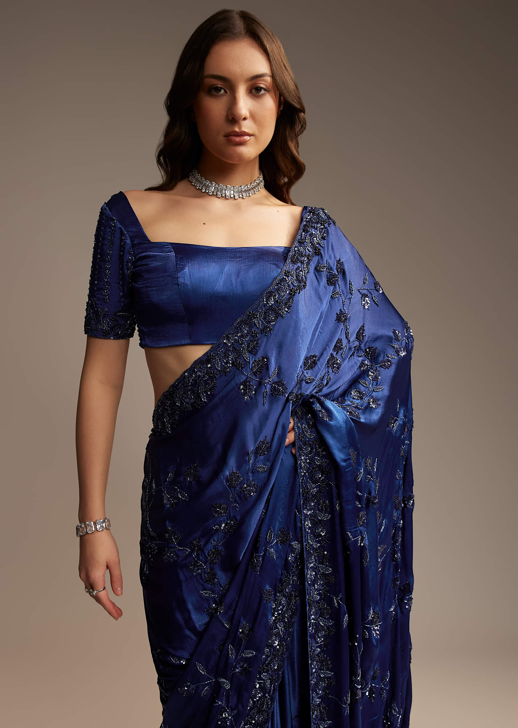 Blue Satin Chinon Saree with Heavy Jaal Embroidery - Image 4