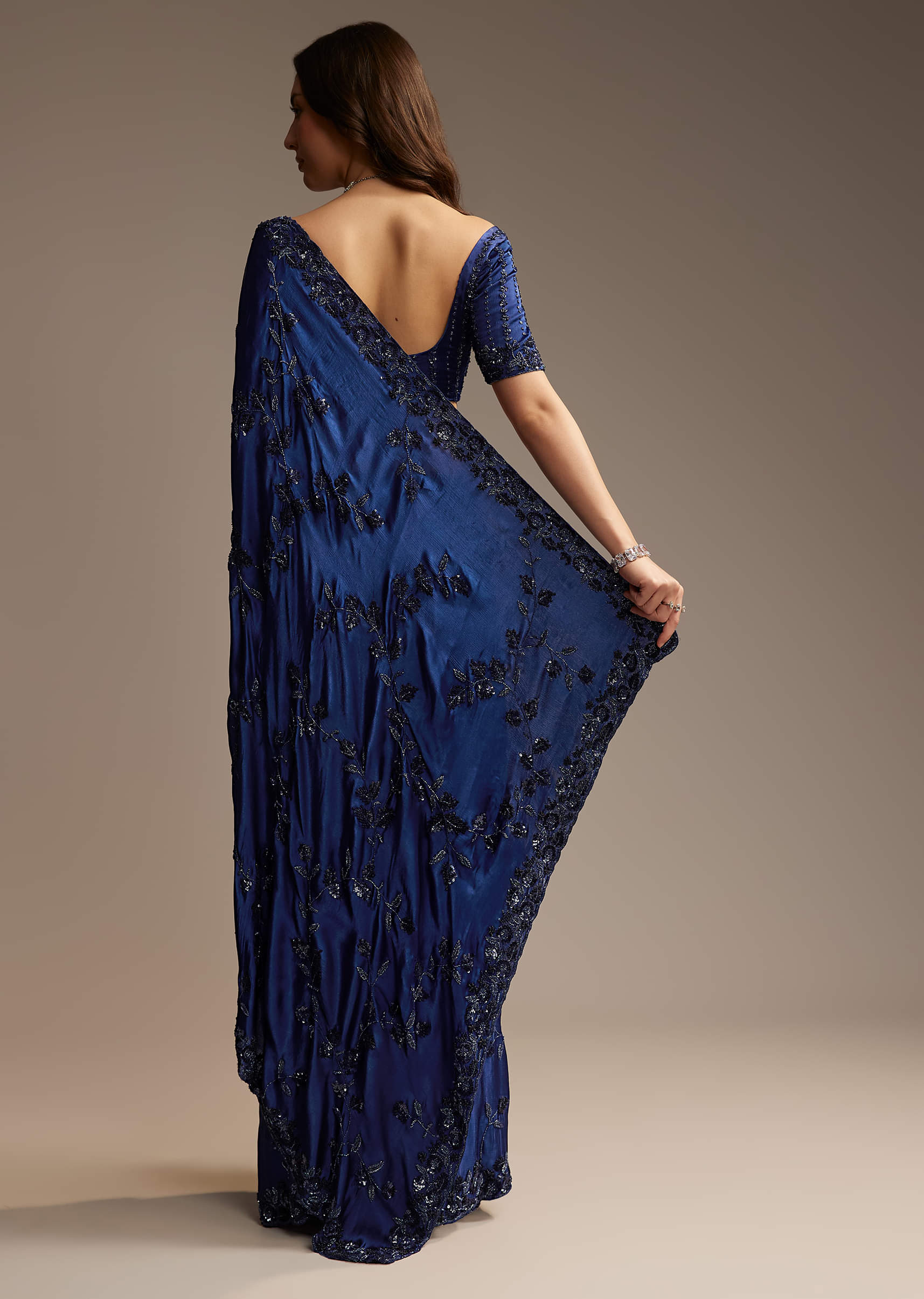 Blue Satin Chinon Saree with Heavy Jaal Embroidery - Image 5
