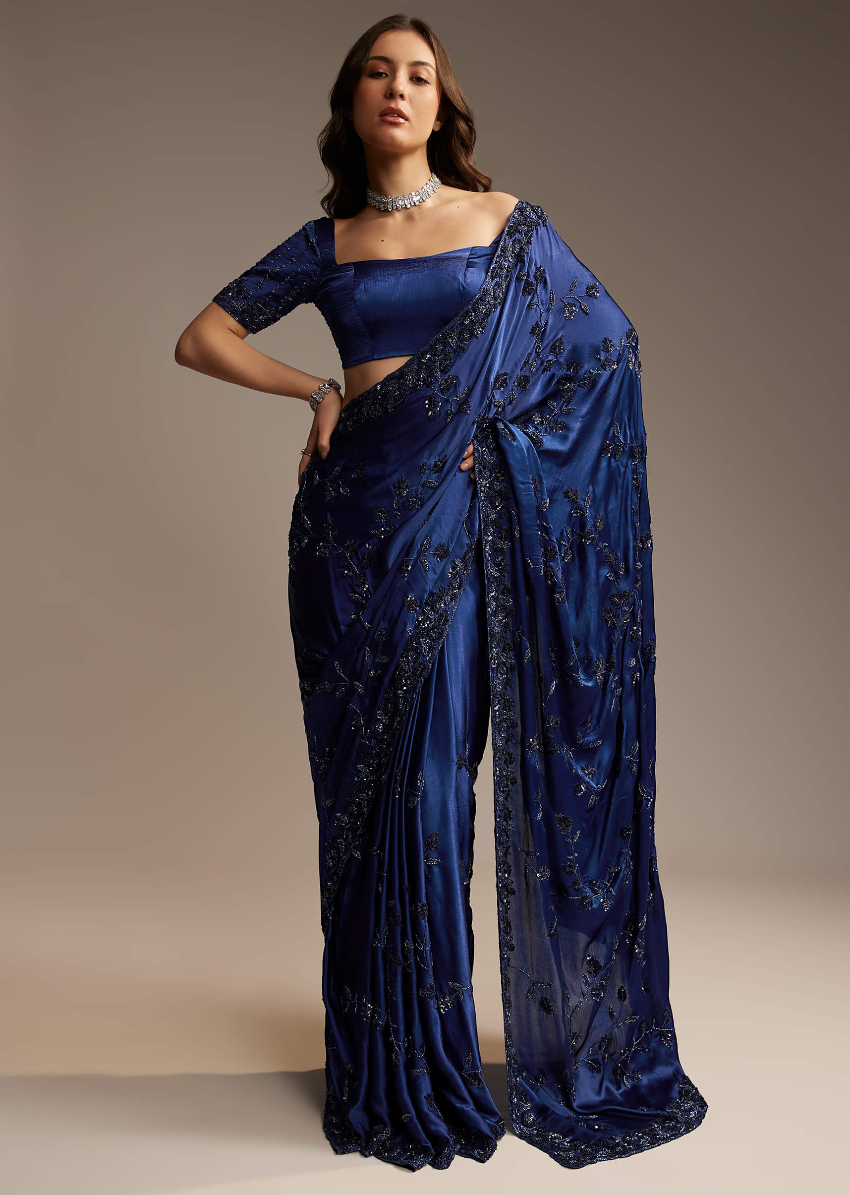 Blue Satin Chinon Saree with Heavy Jaal Embroidery - Image 9