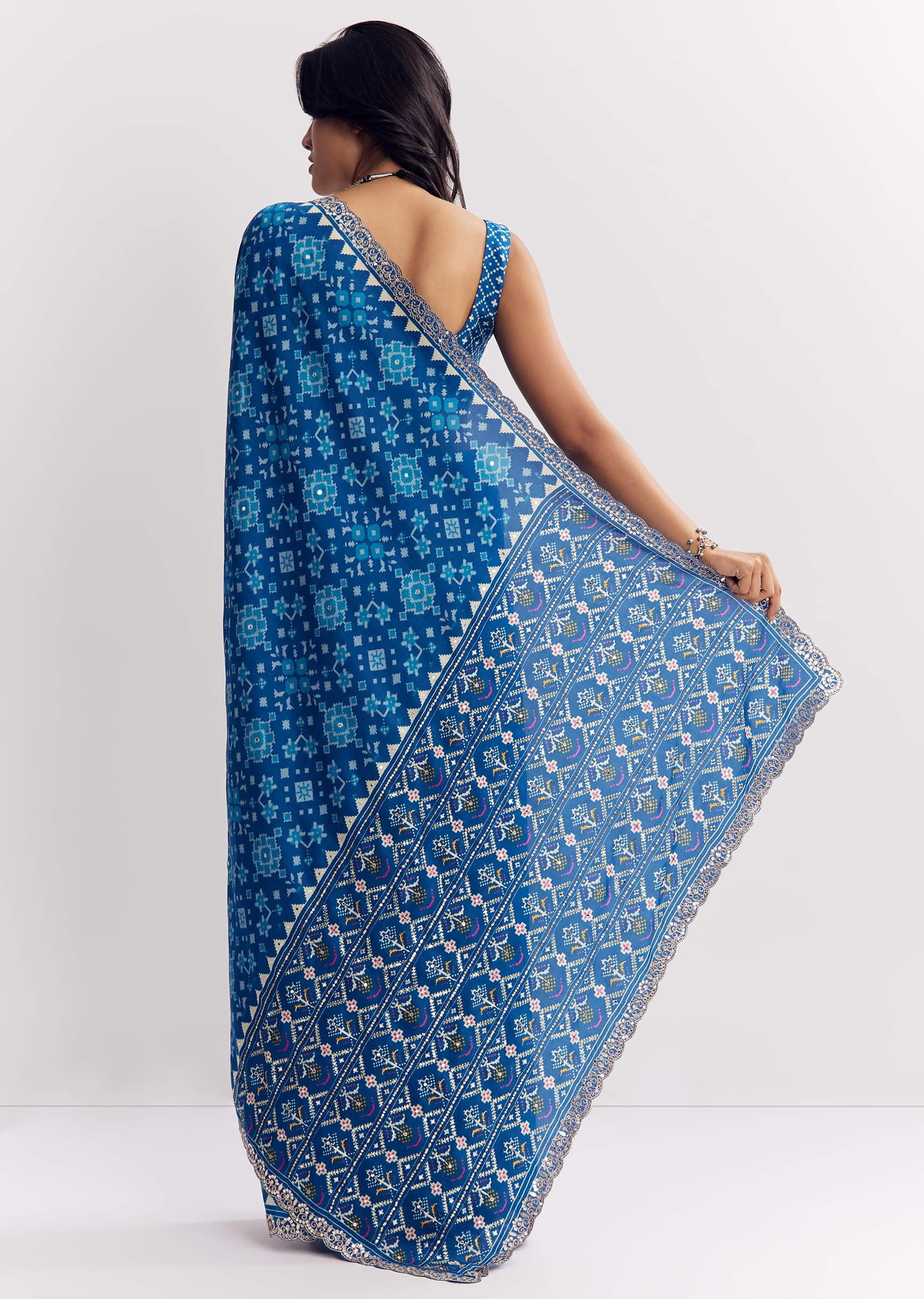 Blue Satin Ikat Printed Saree With Gota And Mirror Embroidery - Image 4