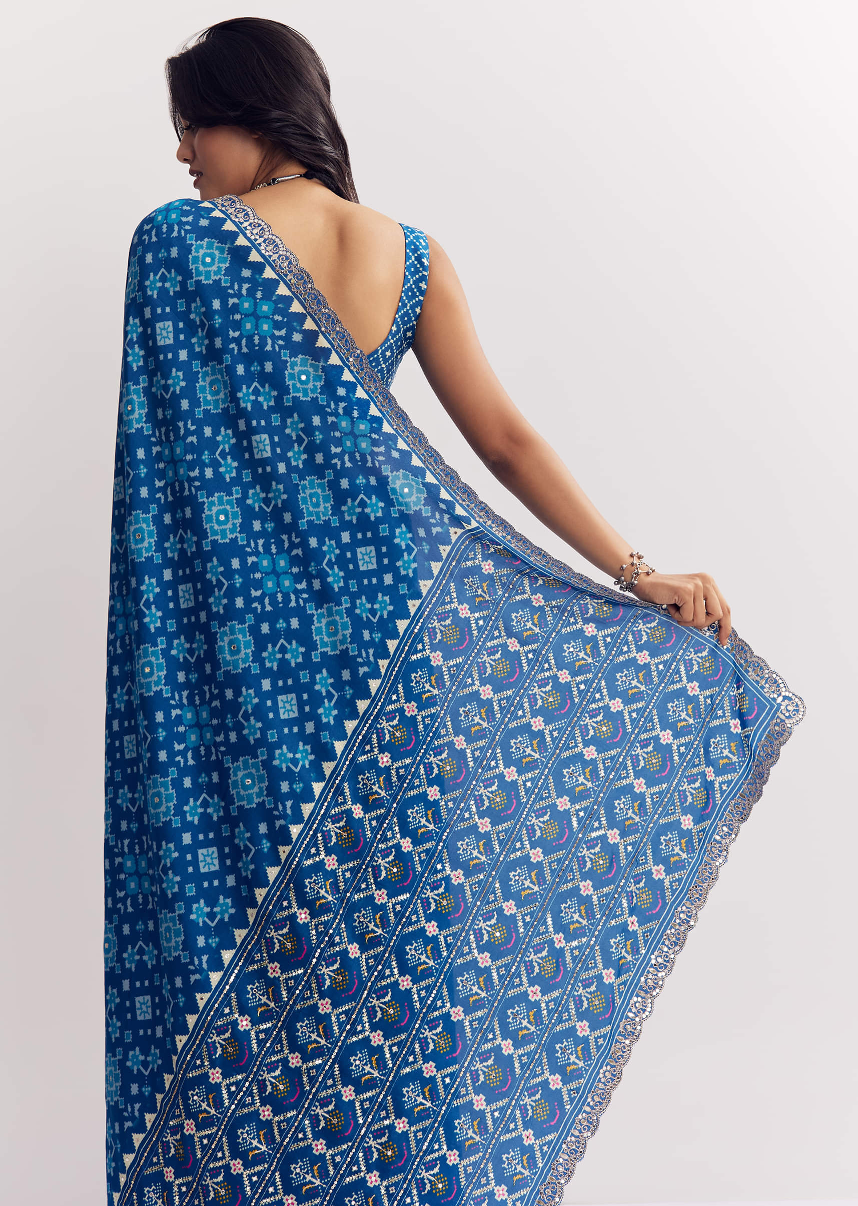 Blue Satin Ikat Printed Saree With Gota And Mirror Embroidery - Image 6
