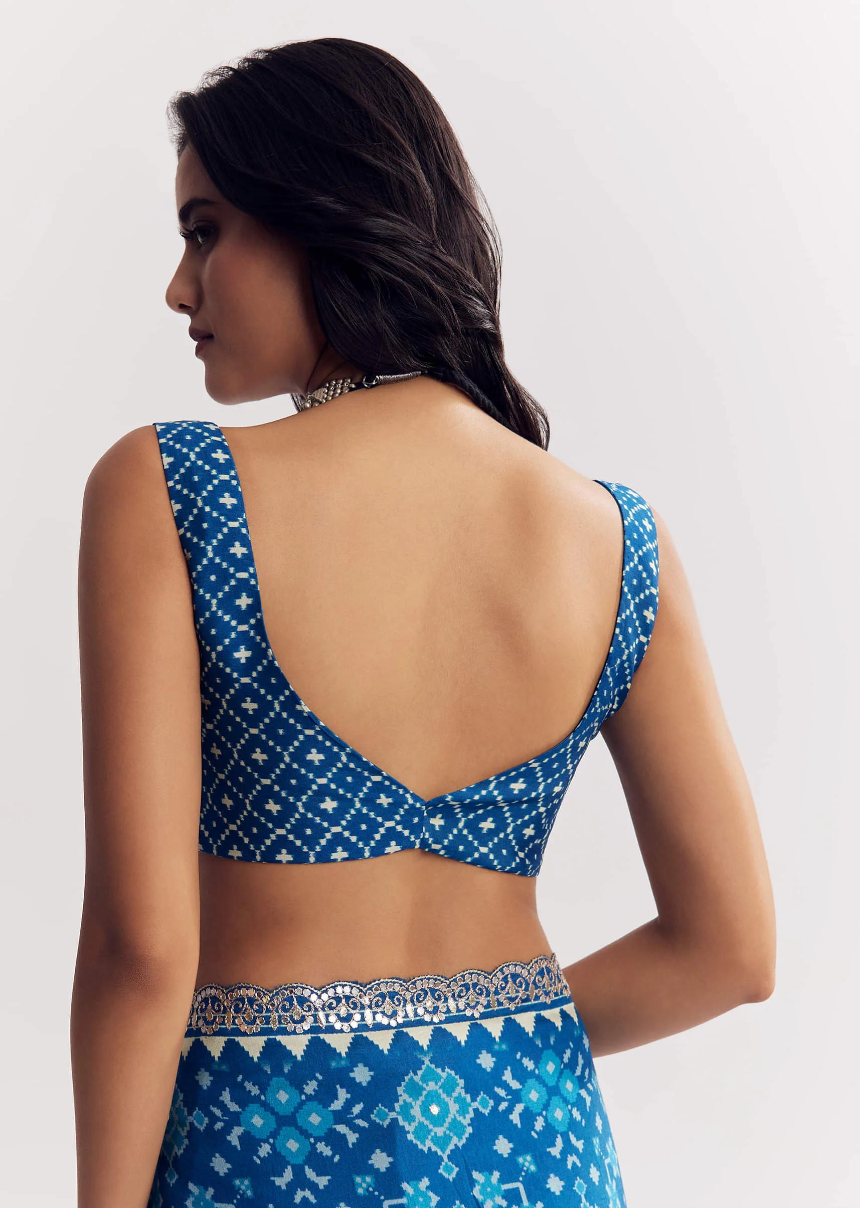 Blue Satin Ikat Printed Saree With Gota And Mirror Embroidery - Image 8