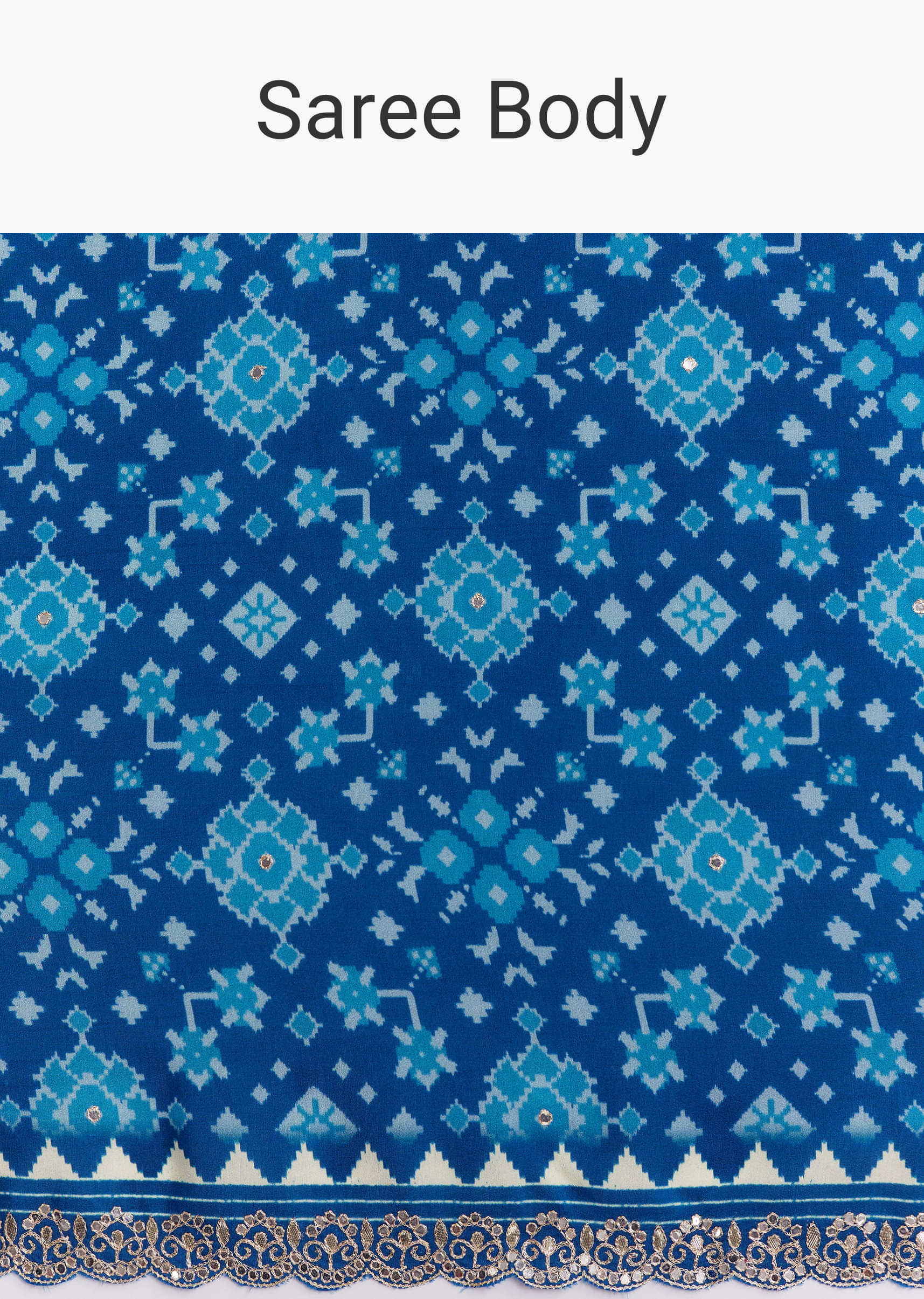 Blue Satin Ikat Printed Saree With Gota And Mirror Embroidery - Image 9