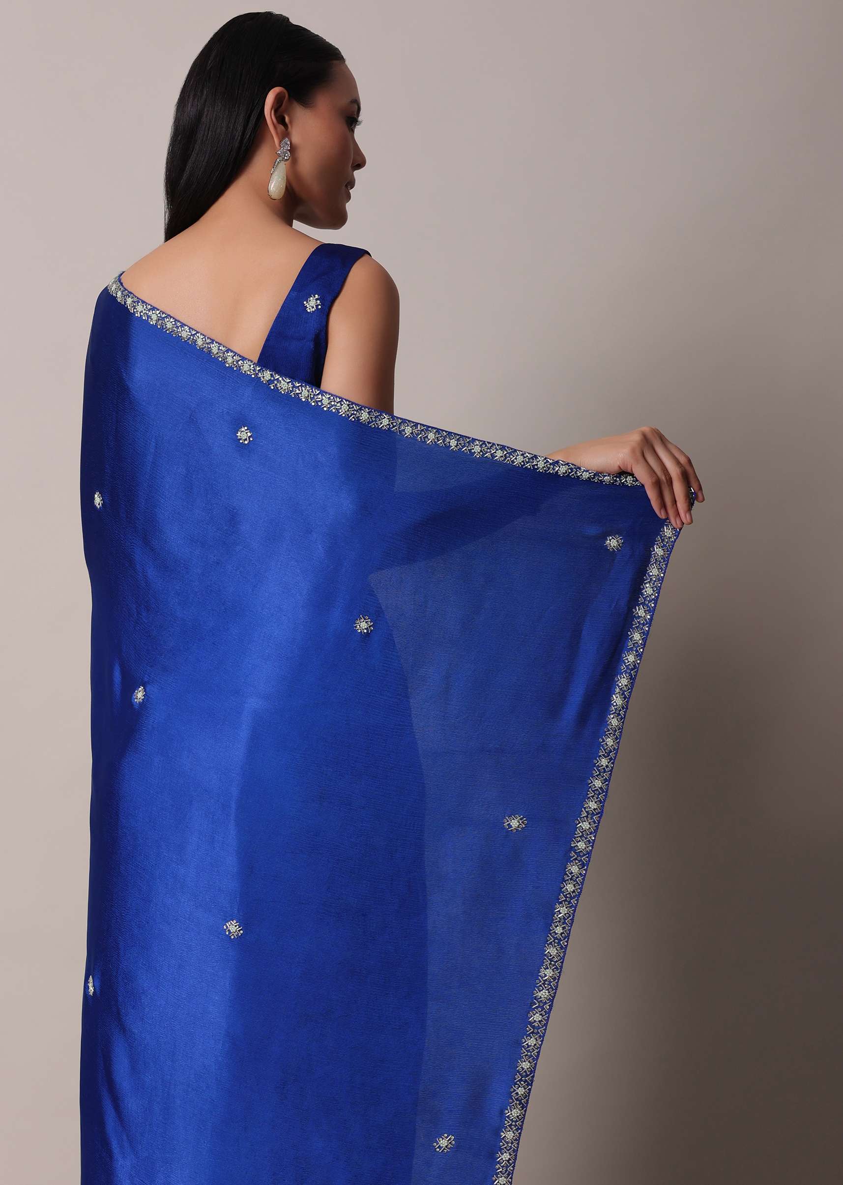 Blue Satin Saree With Stone Embellished Border And Unstitched Blouse Piece - Image 6