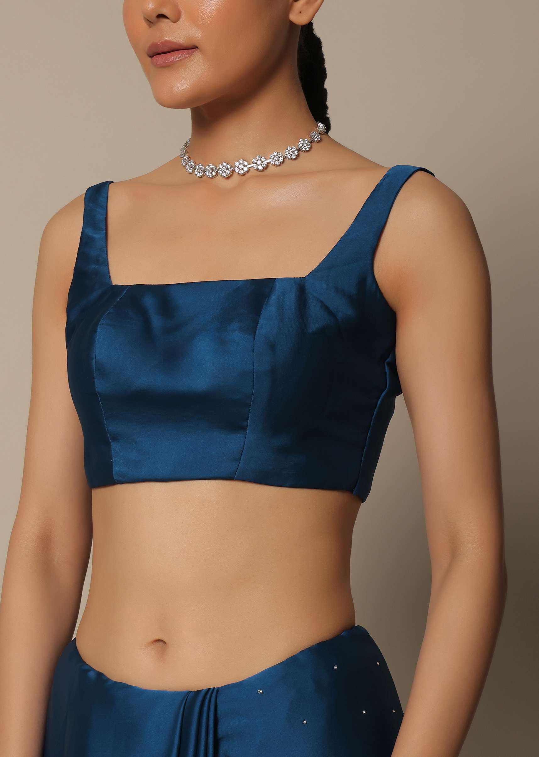 Blue Satin Saree With Stone Studded Border And Unstitched Blouse Piece - Image 7
