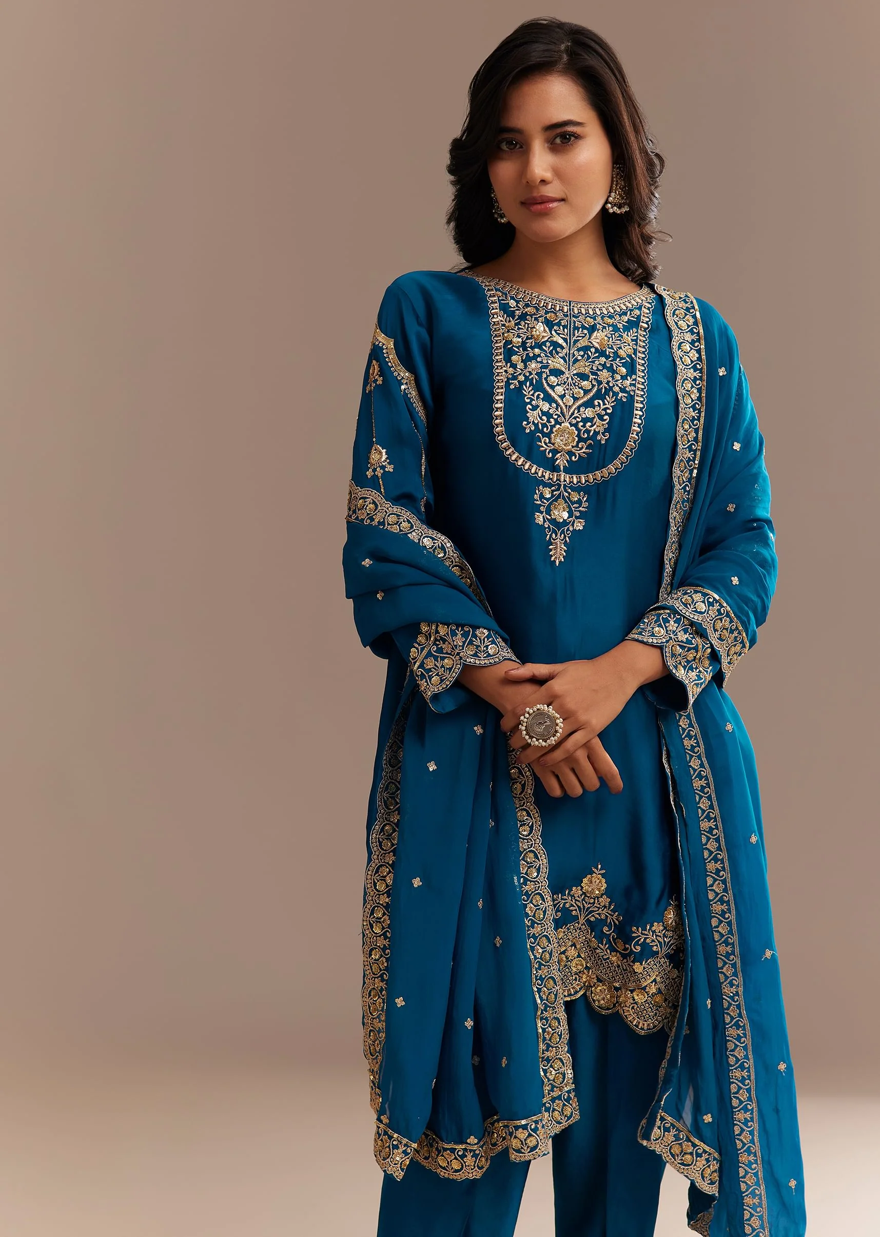 Blue Satin Zari Embroidered Dhoti Kurta Set - Image 3