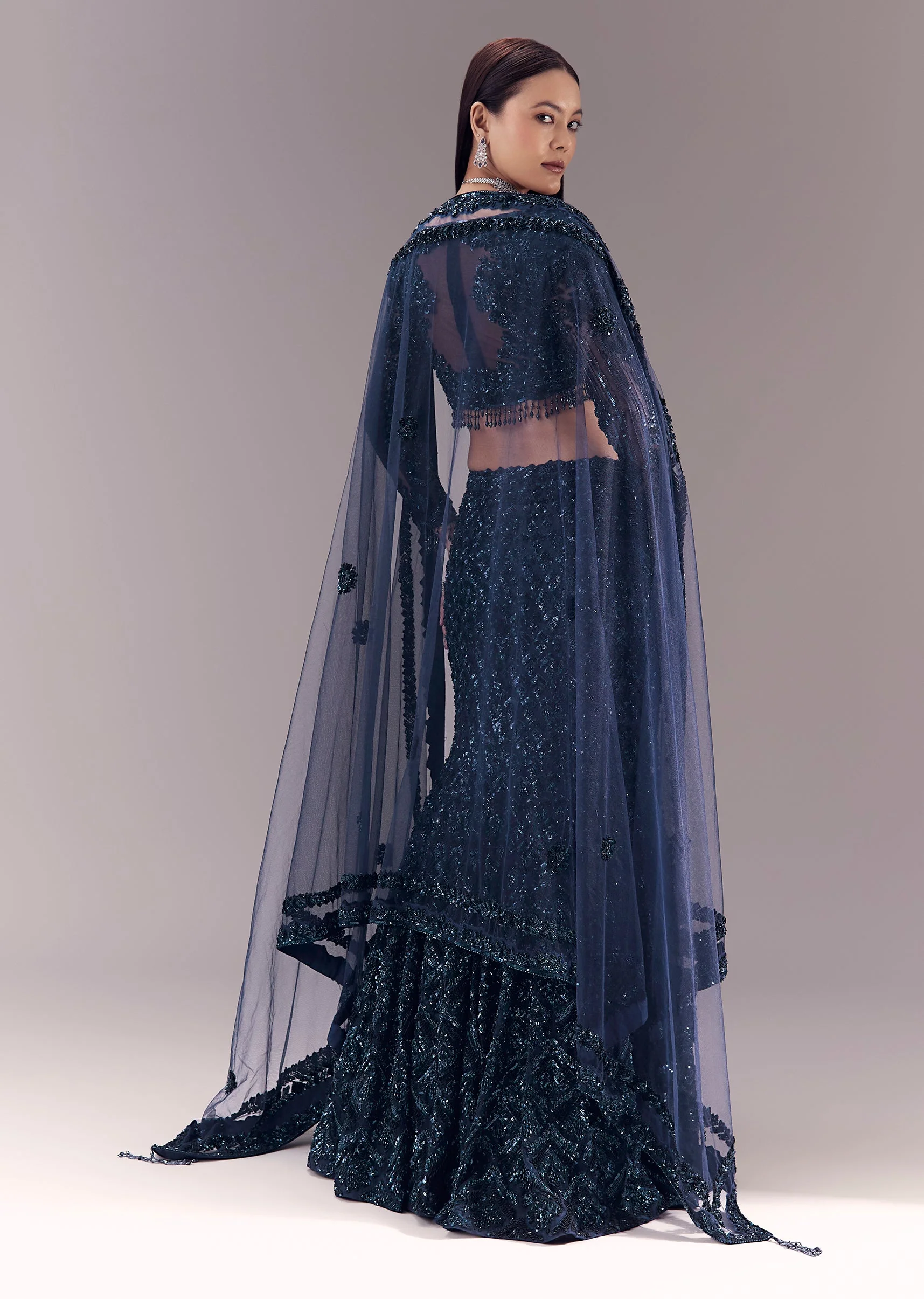 Blue Sequin Embellished Bridal Lehenga Set - Image 2