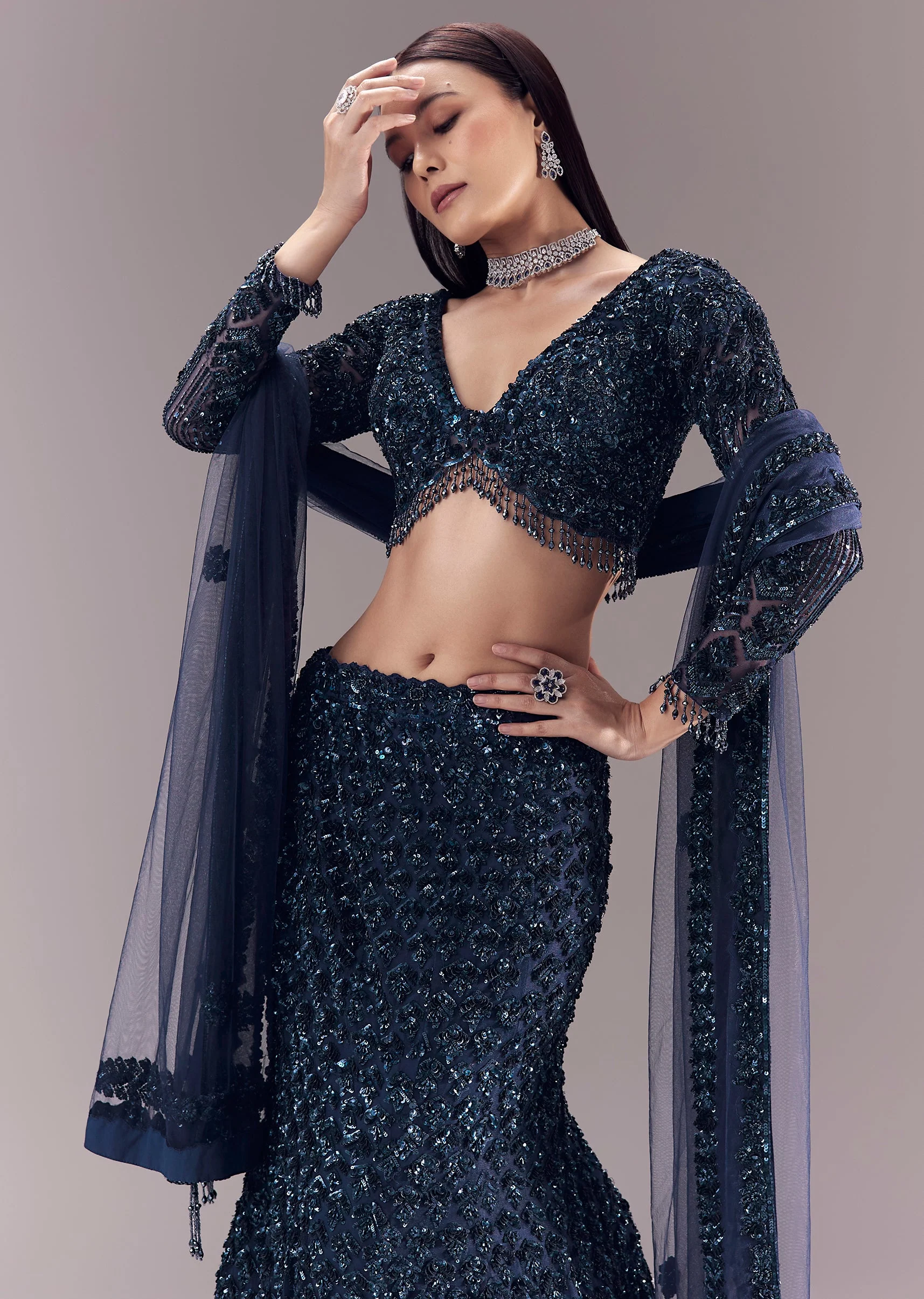Blue Sequin Embellished Bridal Lehenga Set - Image 5
