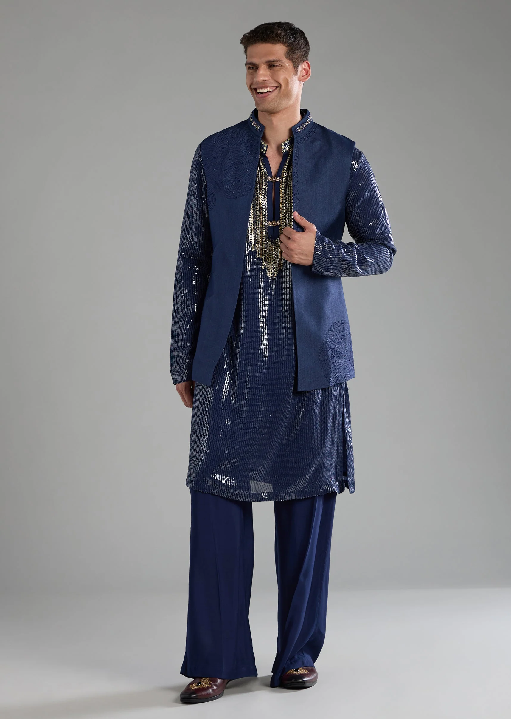 Blue Sequin Embellished Mens Jacket Kurta Set - Image 2