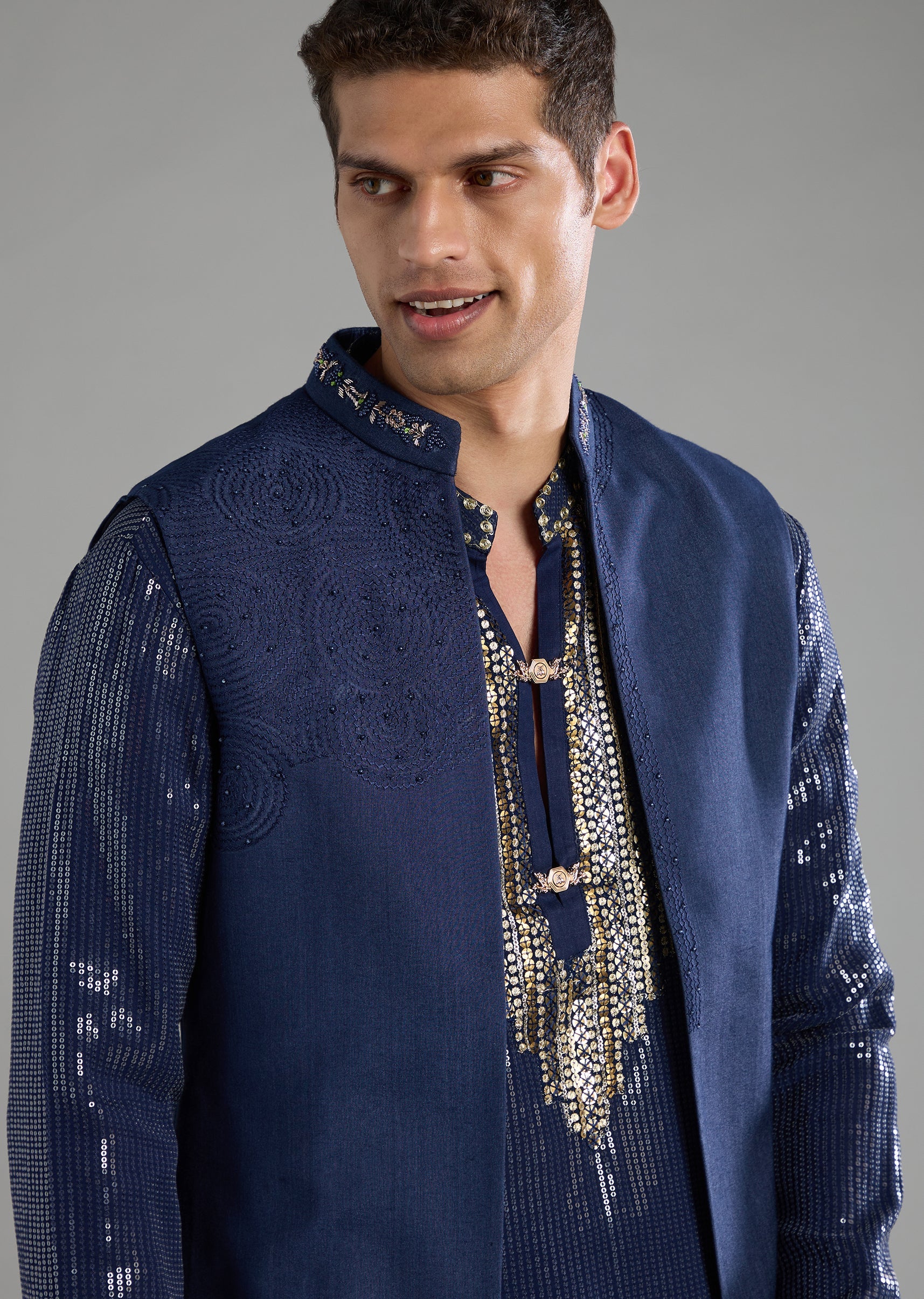 Blue Sequin Embellished Mens Jacket Kurta Set - Image 3