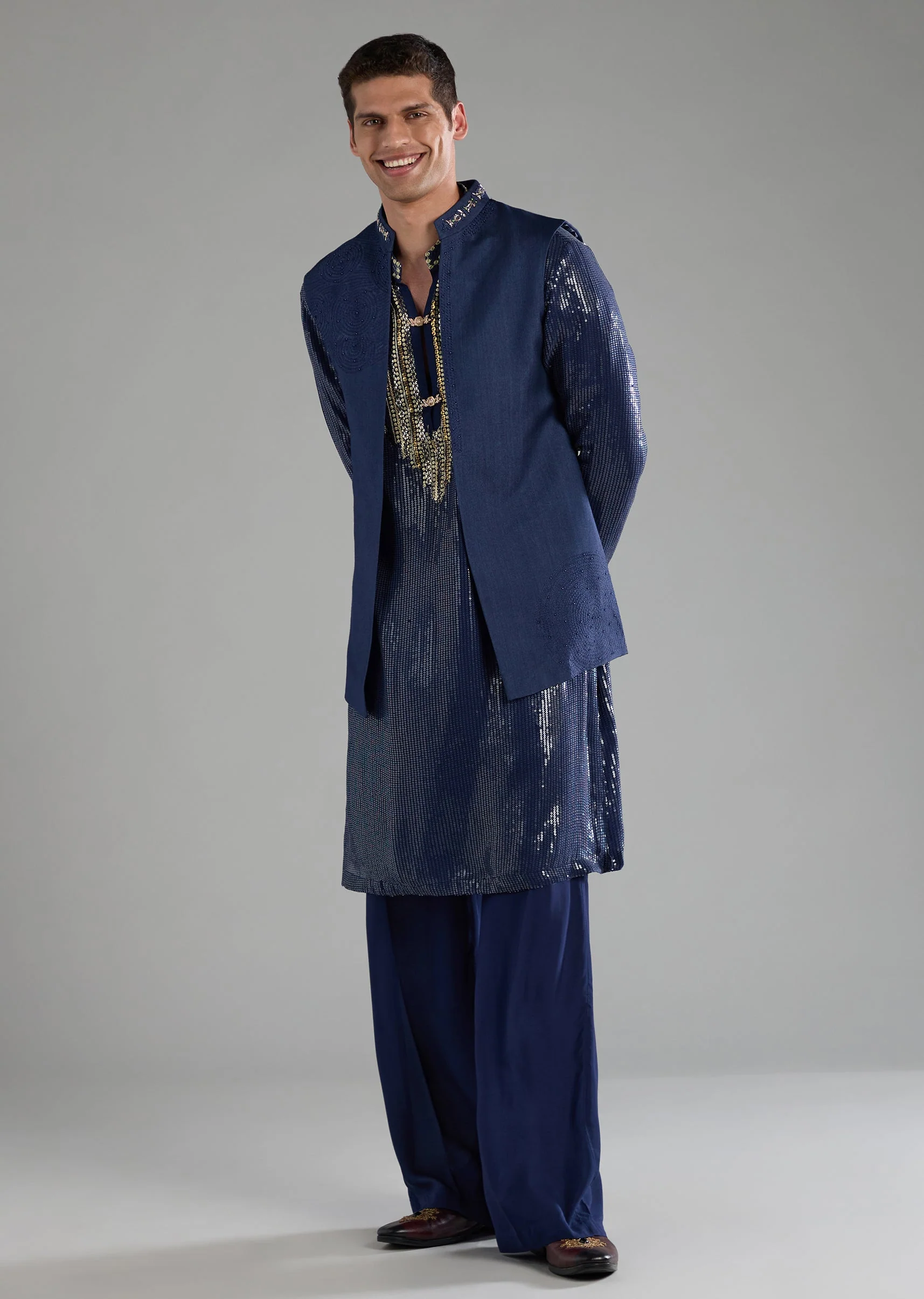 Blue Sequin Embellished Mens Jacket Kurta Set - Image 4