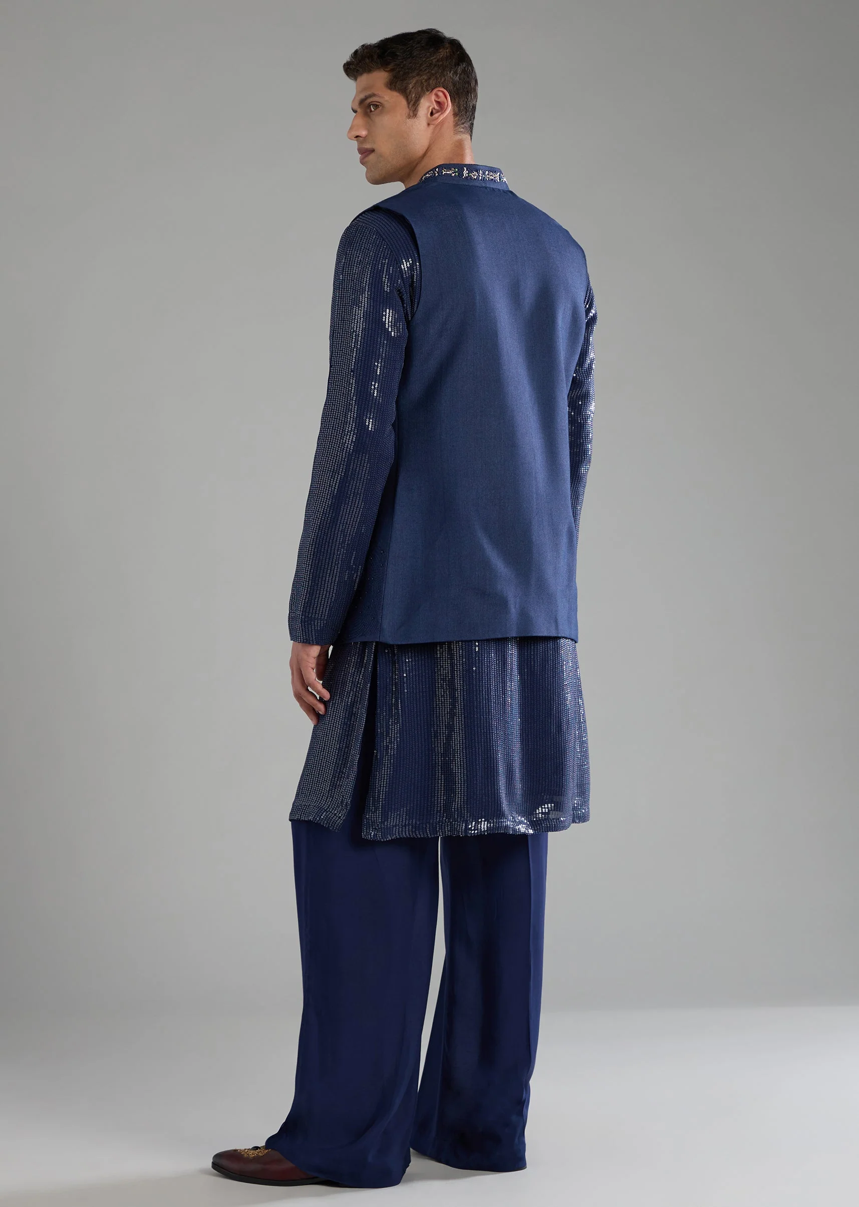 Blue Sequin Embellished Mens Jacket Kurta Set - Image 5