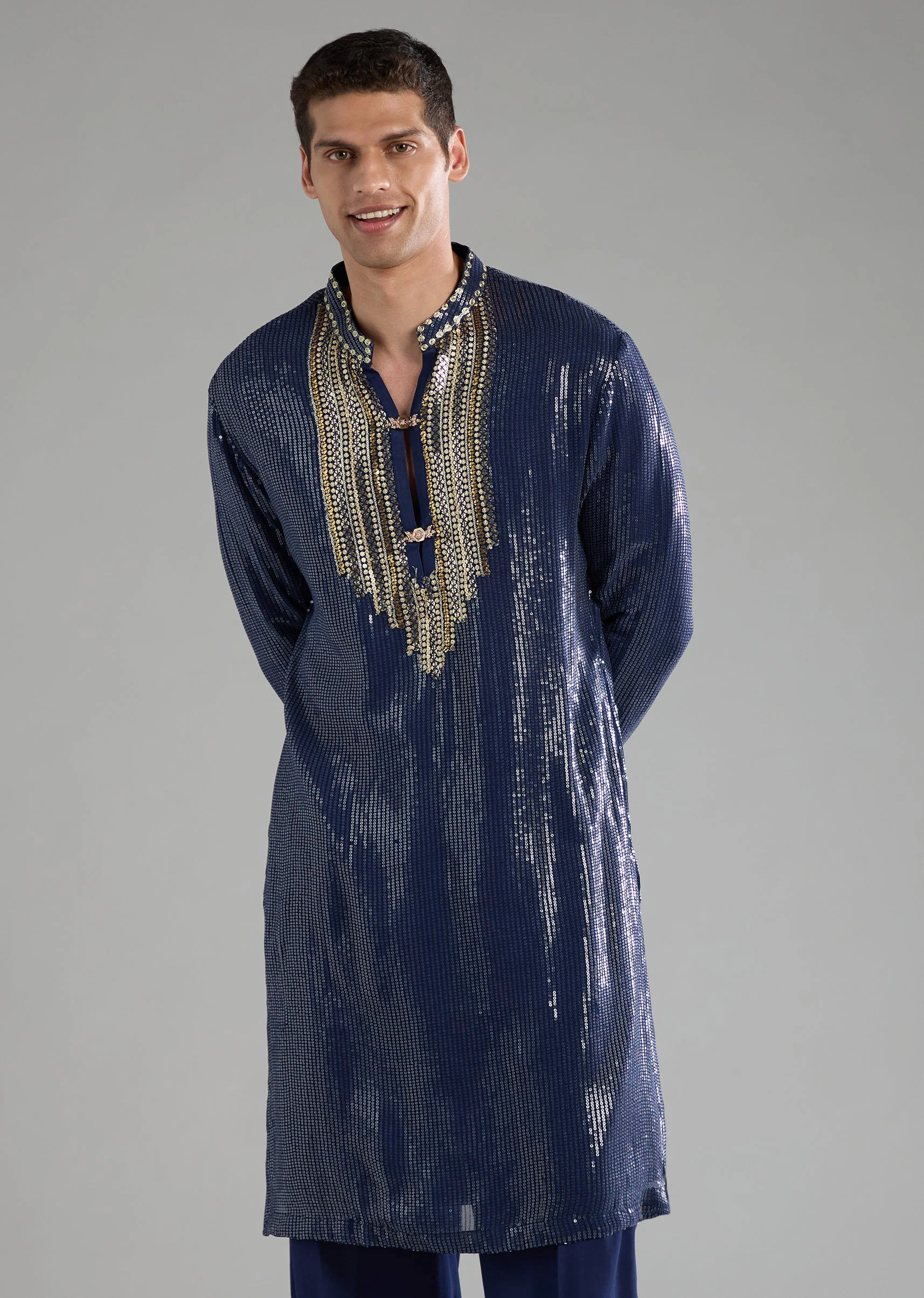 Blue Sequin Embellished Mens Jacket Kurta Set - Image 6